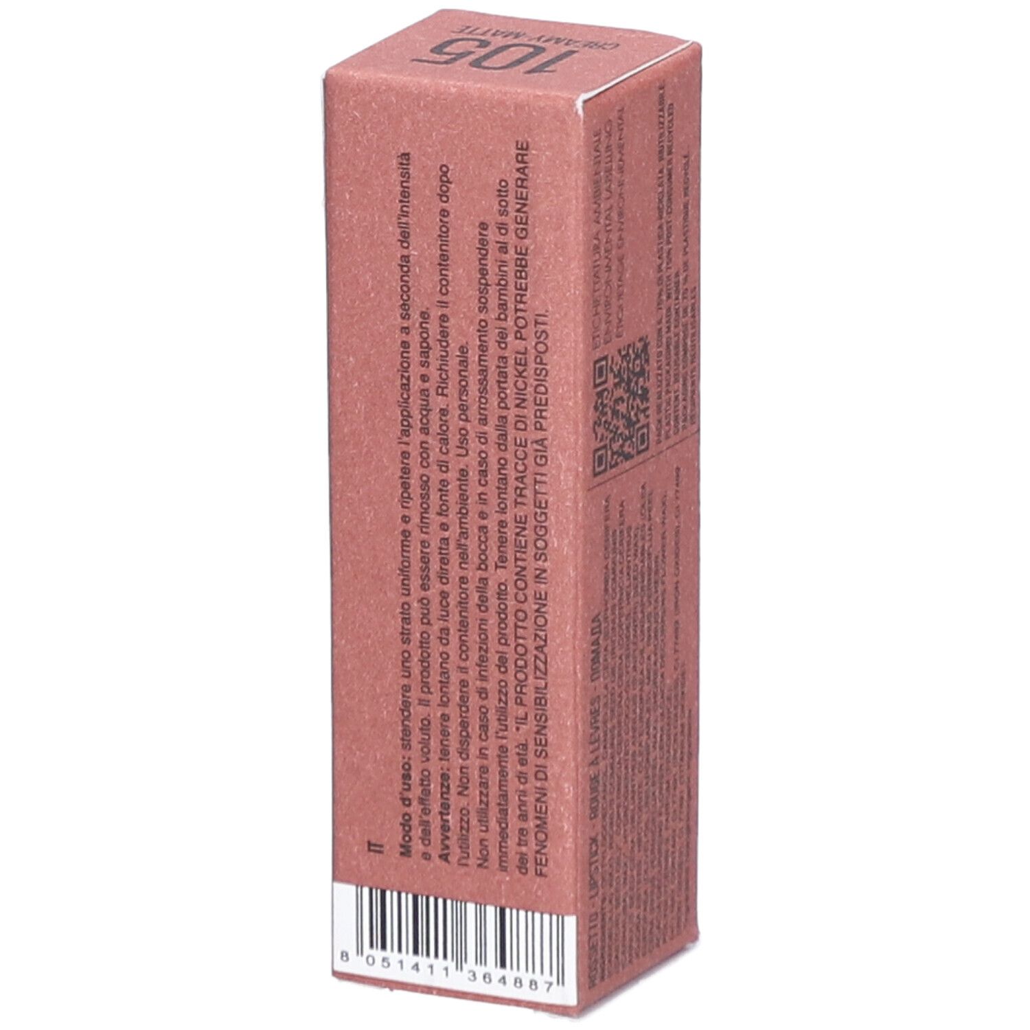 Emballage de rouge à lèvres. Boîte rose avec informations produit. Marque PUROBIO et numéro 105 visibles.