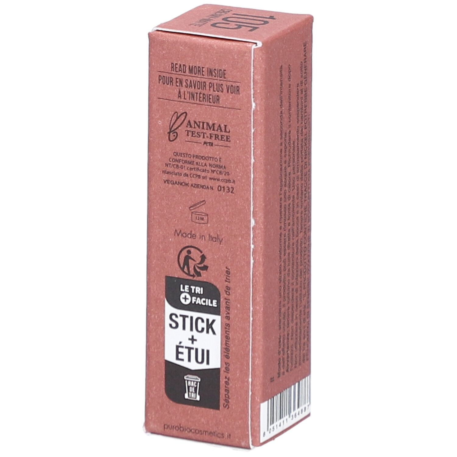 Emballage de rouge à lèvres. Boîte rose avec informations produit. Marque PUROBIO et numéro 105 visibles.