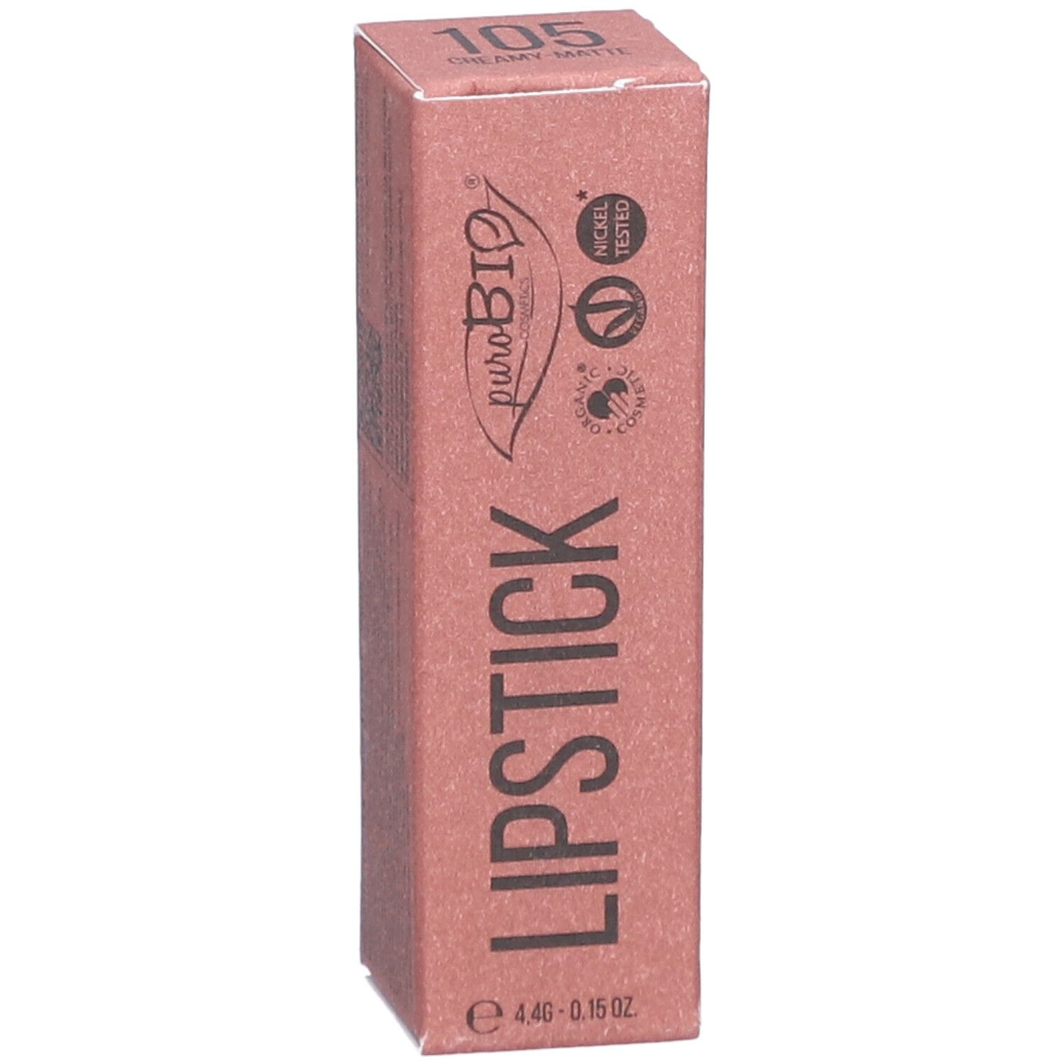 Emballage de rouge à lèvres. Boîte rose avec informations produit. Marque PUROBIO et numéro 105 visibles.