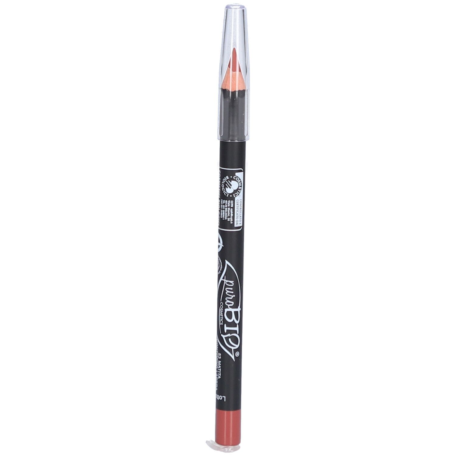 Crayon à lèvres avec capuchon transparent. Visible : marque, couleur. Crayon nude, corps noir.