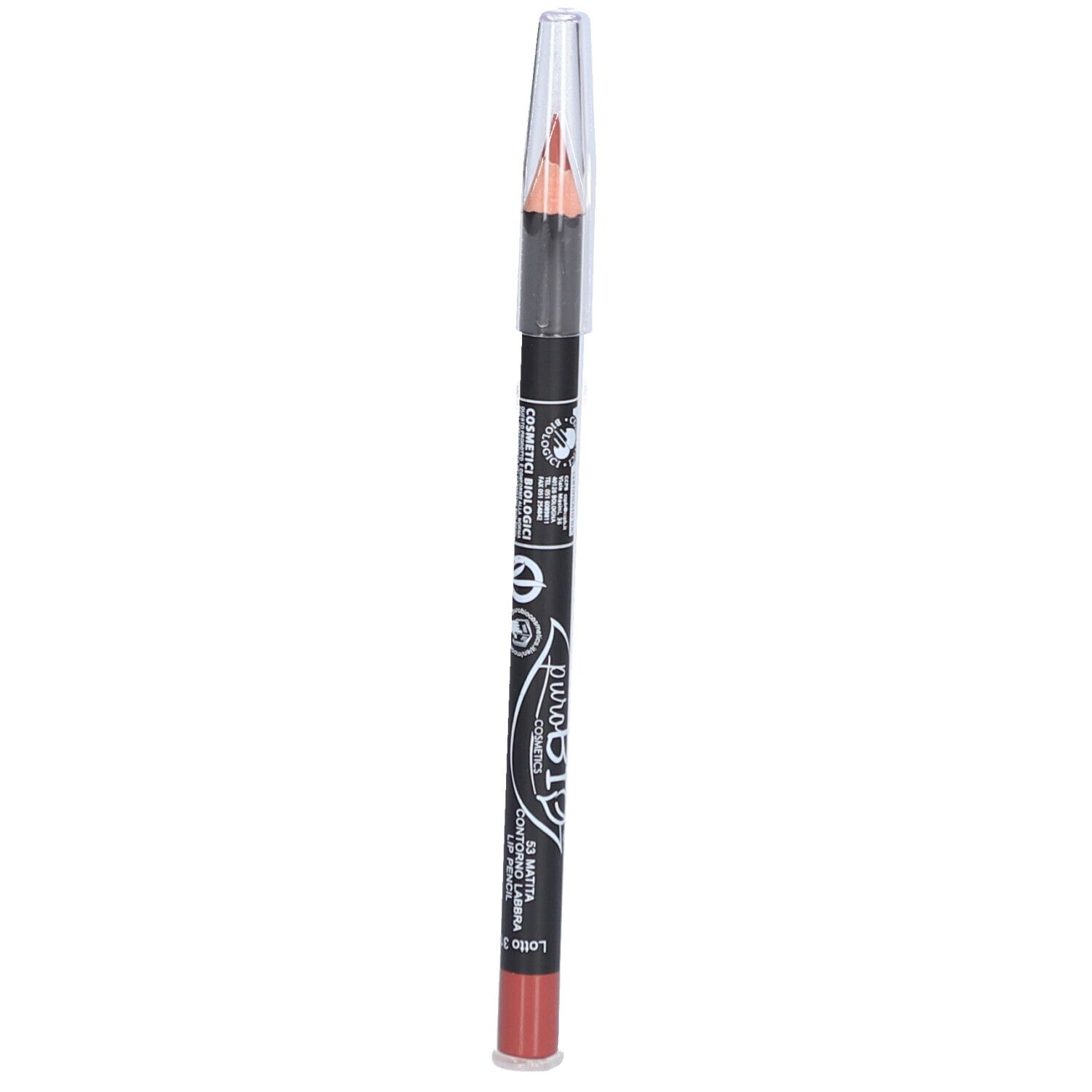 Crayon à lèvres avec capuchon transparent. Visible : marque, couleur. Crayon nude, corps noir.