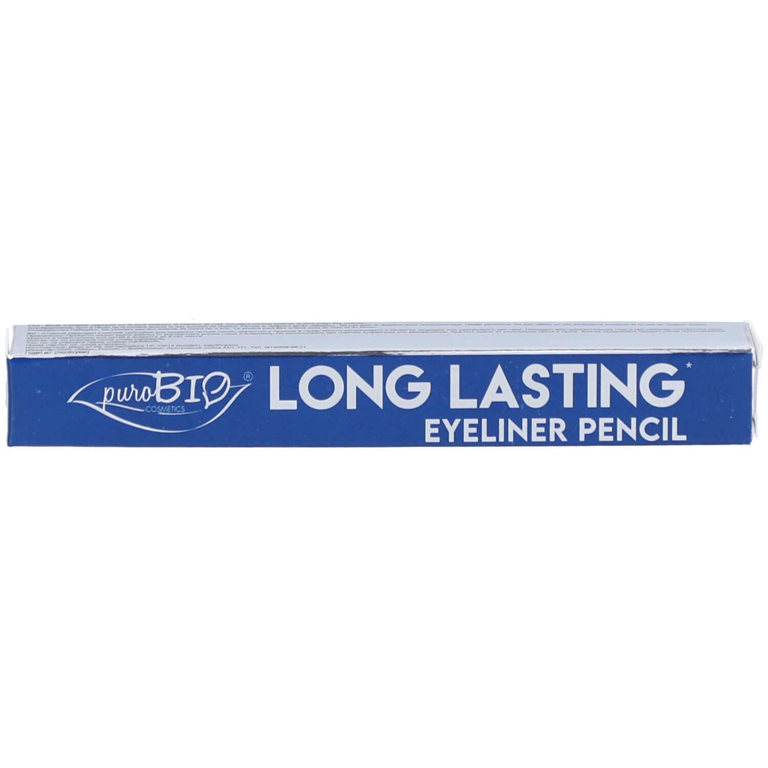 Emballage. Inscription: LONG LASTING EYELINER PENCIL. Marque: puroBIO.