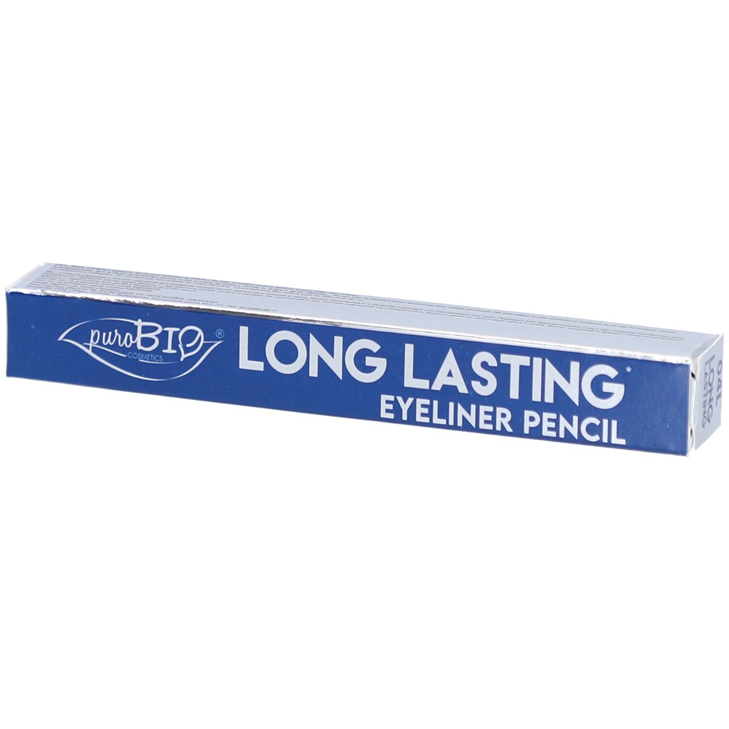 Emballage. Inscription: LONG LASTING EYELINER PENCIL. Marque: puroBIO.