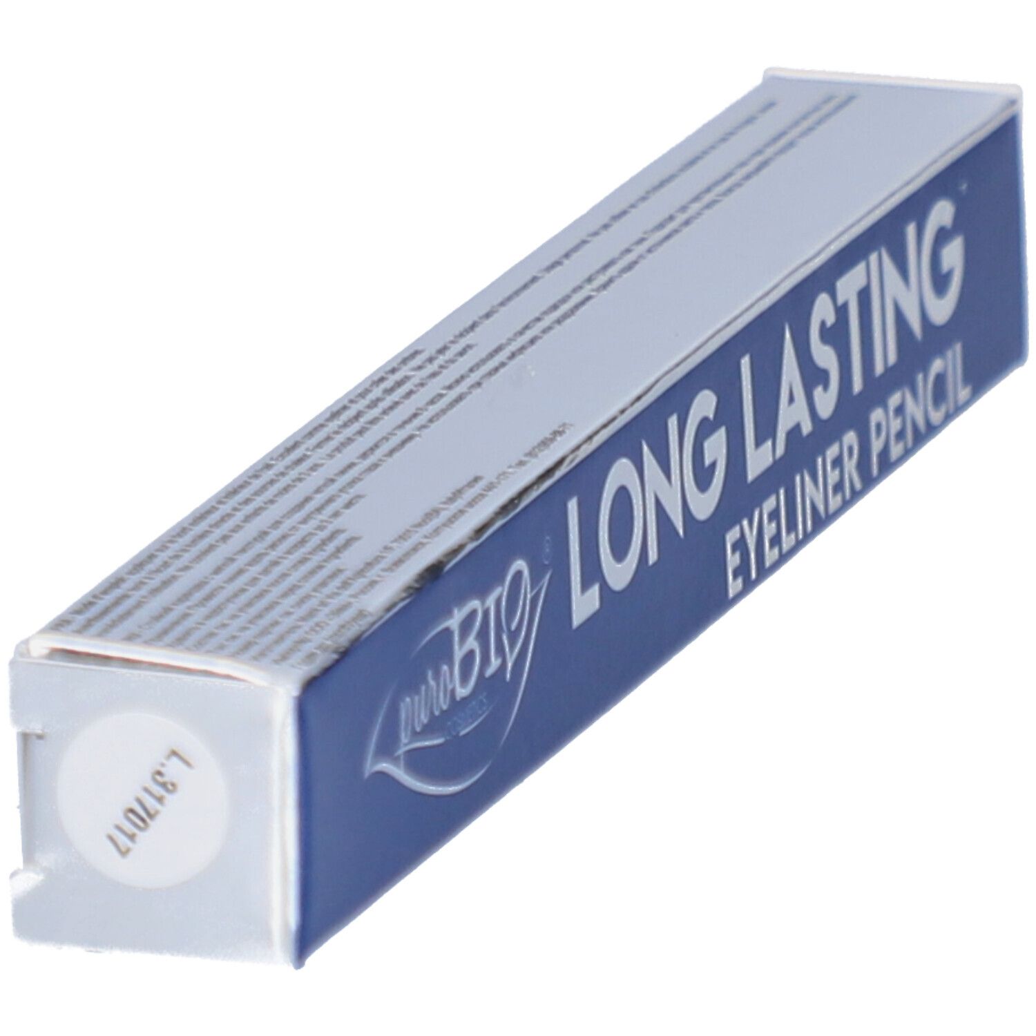 Emballage. Inscription: LONG LASTING EYELINER PENCIL. Marque: puroBIO. Code.