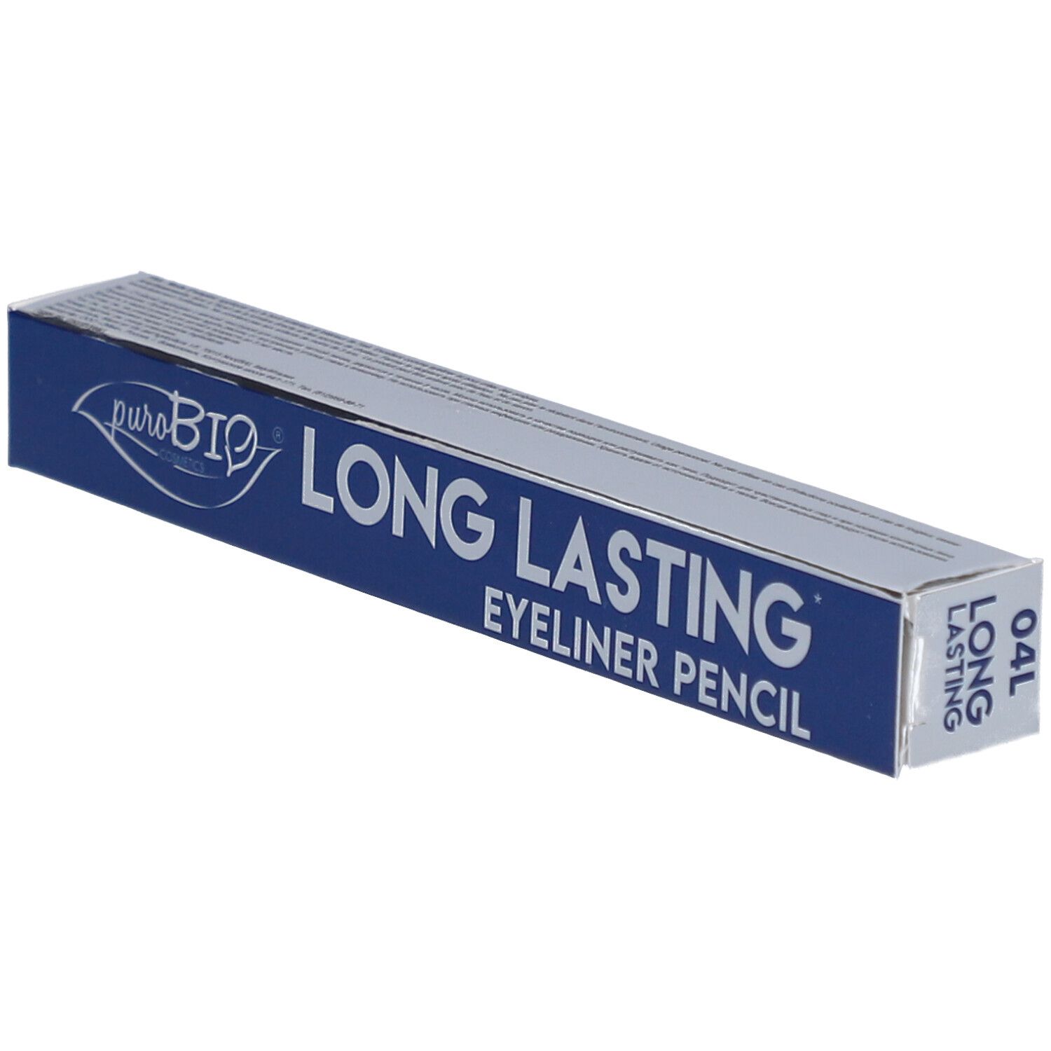 Emballage. Inscription: LONG LASTING EYELINER PENCIL. Code: 04L. Marque: puroBIO.