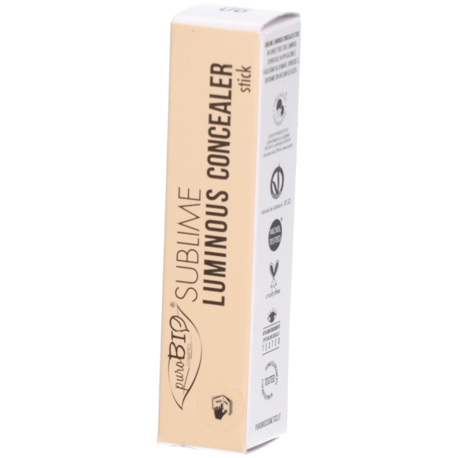 Emballage en carton. Inscription: puroBio Sublime Luminous Concealer stick. Beige et blanc. Logos et certifications.