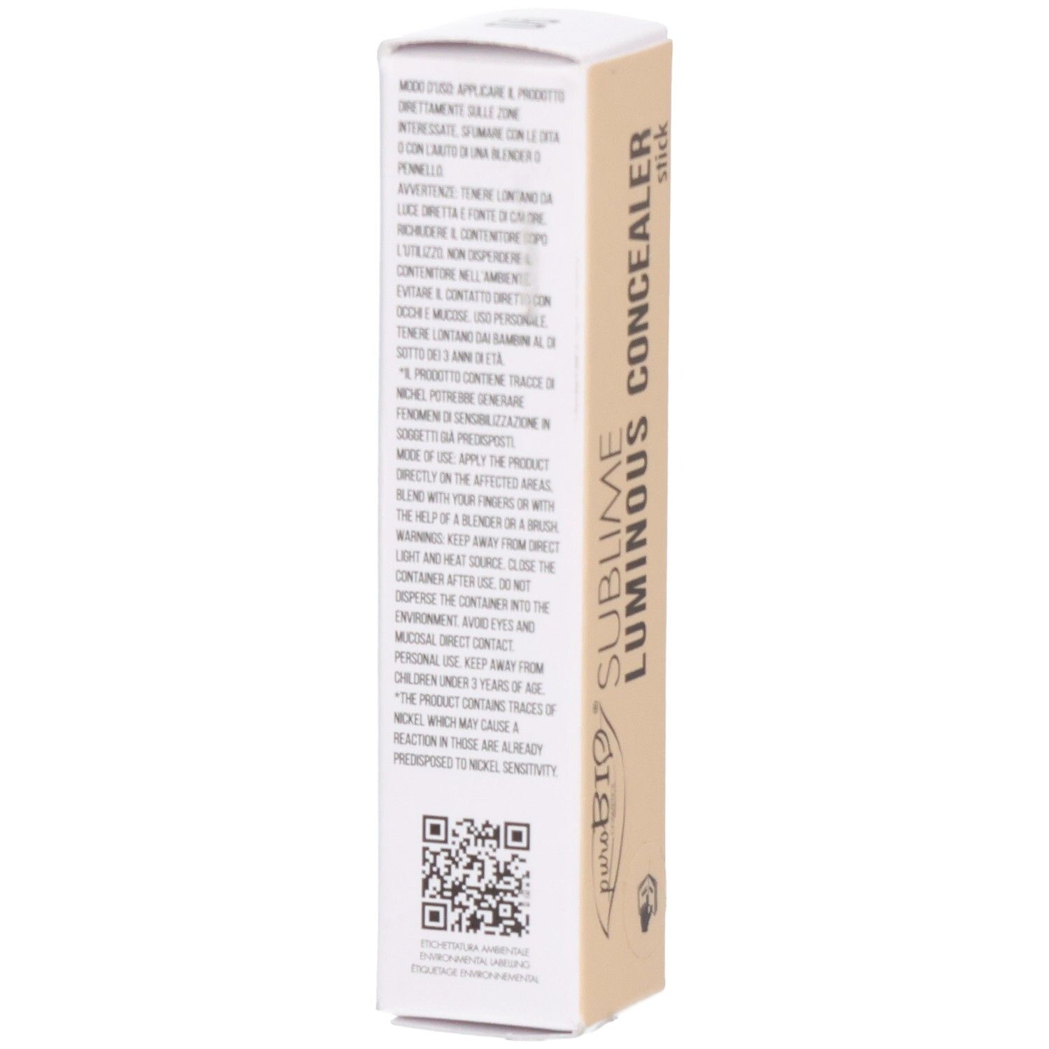 Dos de l'emballage en carton. Texte en italien. Code QR. Logo puroBio. Beige et blanc.