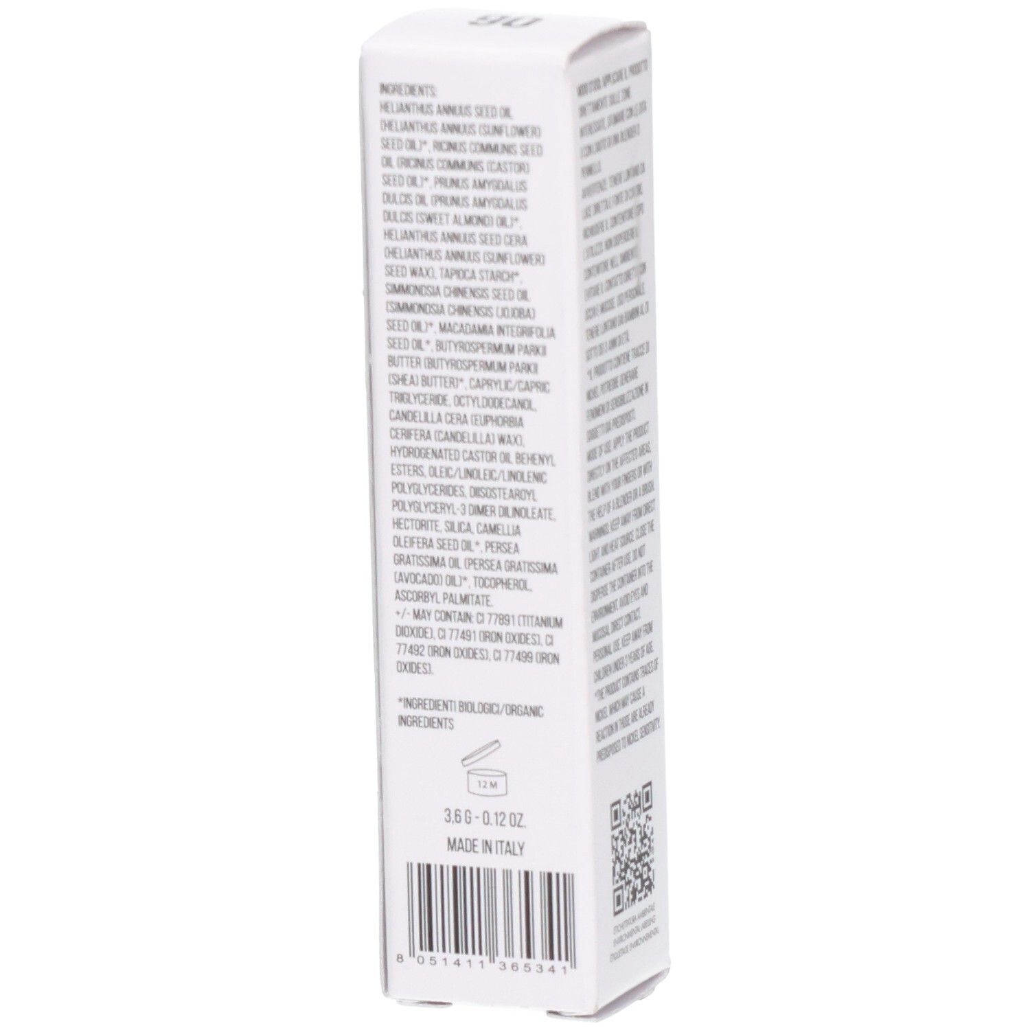 Côté de l'emballage en carton. Ingrédients en italien. 3,8g-0,12 oz. Fabriqué en Italie. Code QR.