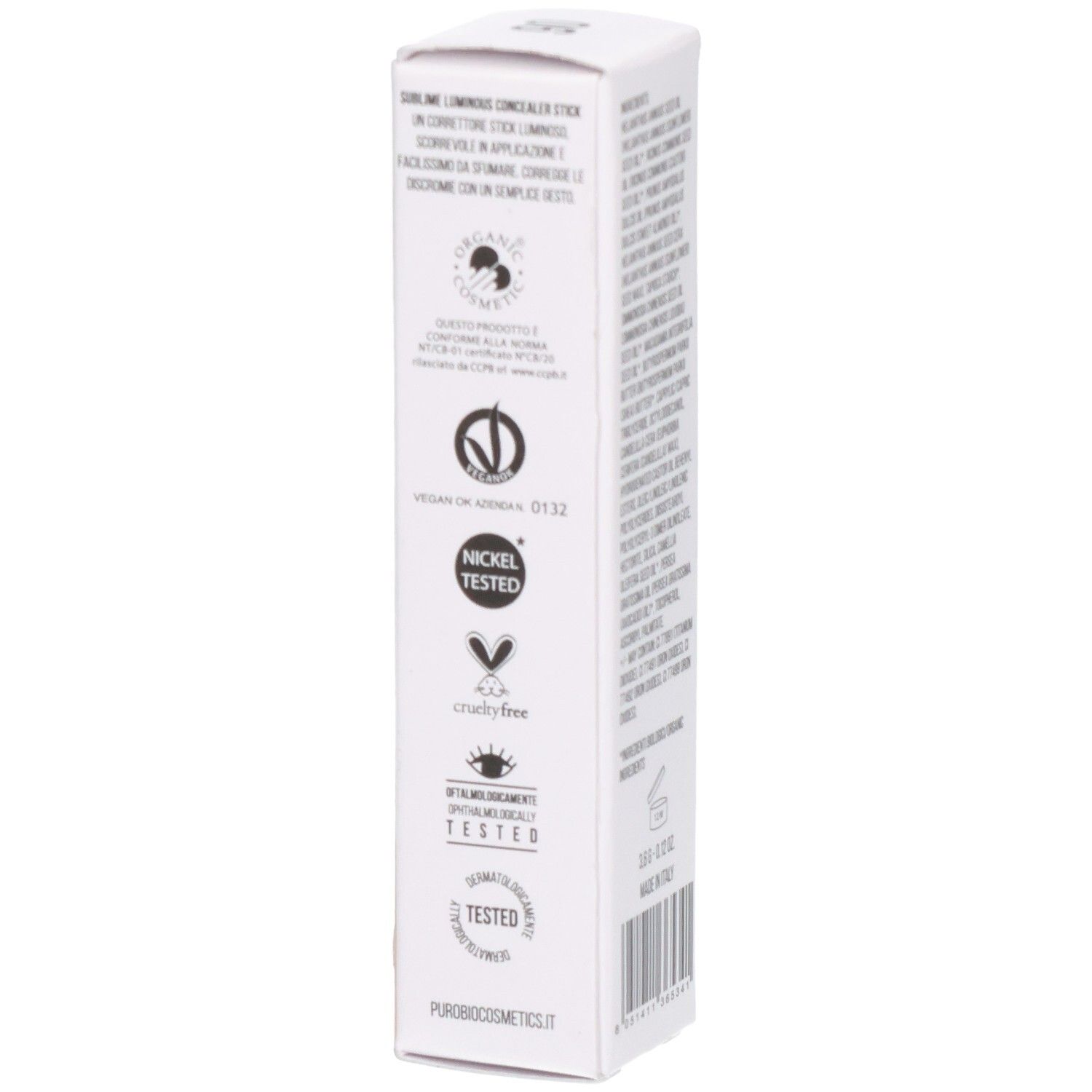Côté de l'emballage en carton. Logos et certifications. Texte en italien. Logo puroBio. Blanc.