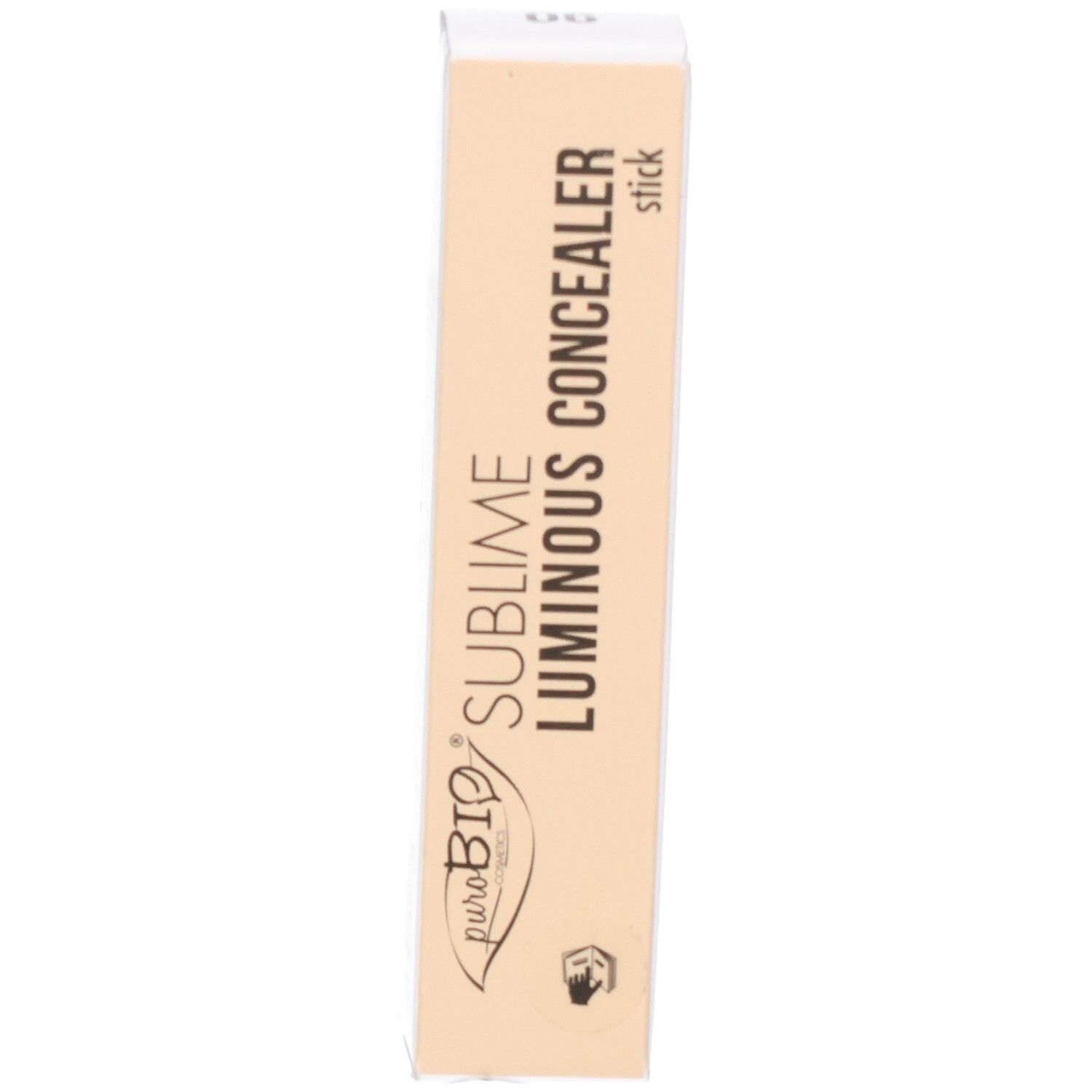 Emballage en carton. Inscription: puroBio Sublime Luminous Concealer stick. Beige et blanc. Logos.