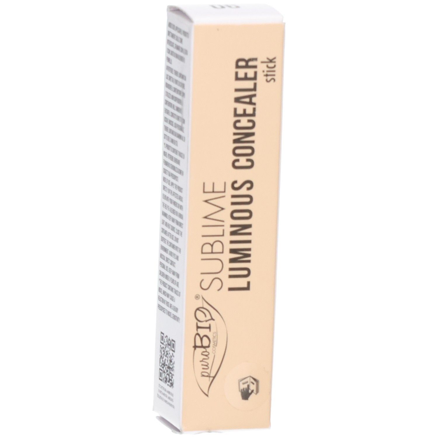 Emballage en carton. Inscription: puroBio Sublime Luminous Concealer stick. Beige et blanc. Logos.