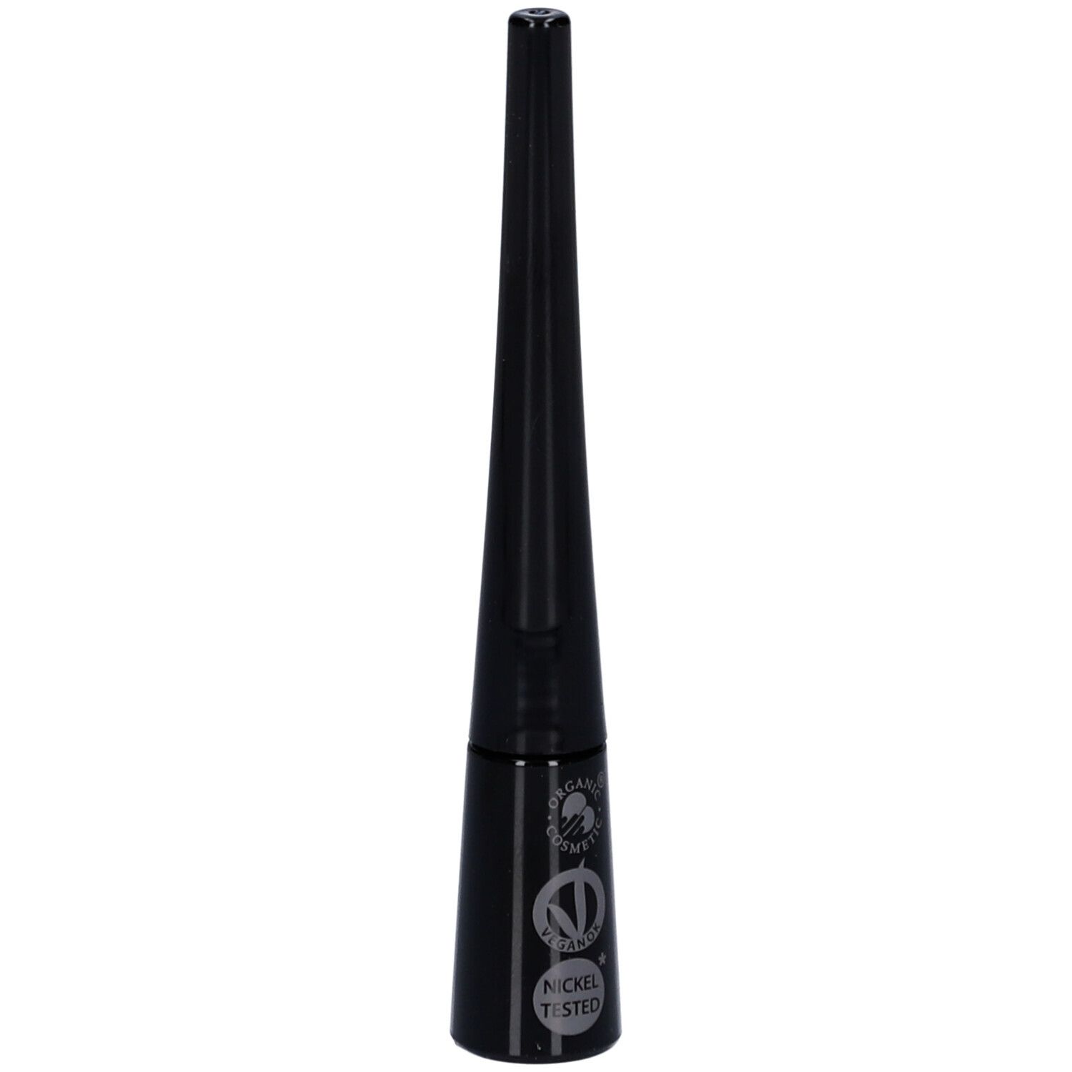 Eyeliner noir. Inscription : Nickel Tested. Logo cosmétiques bio certifiés.