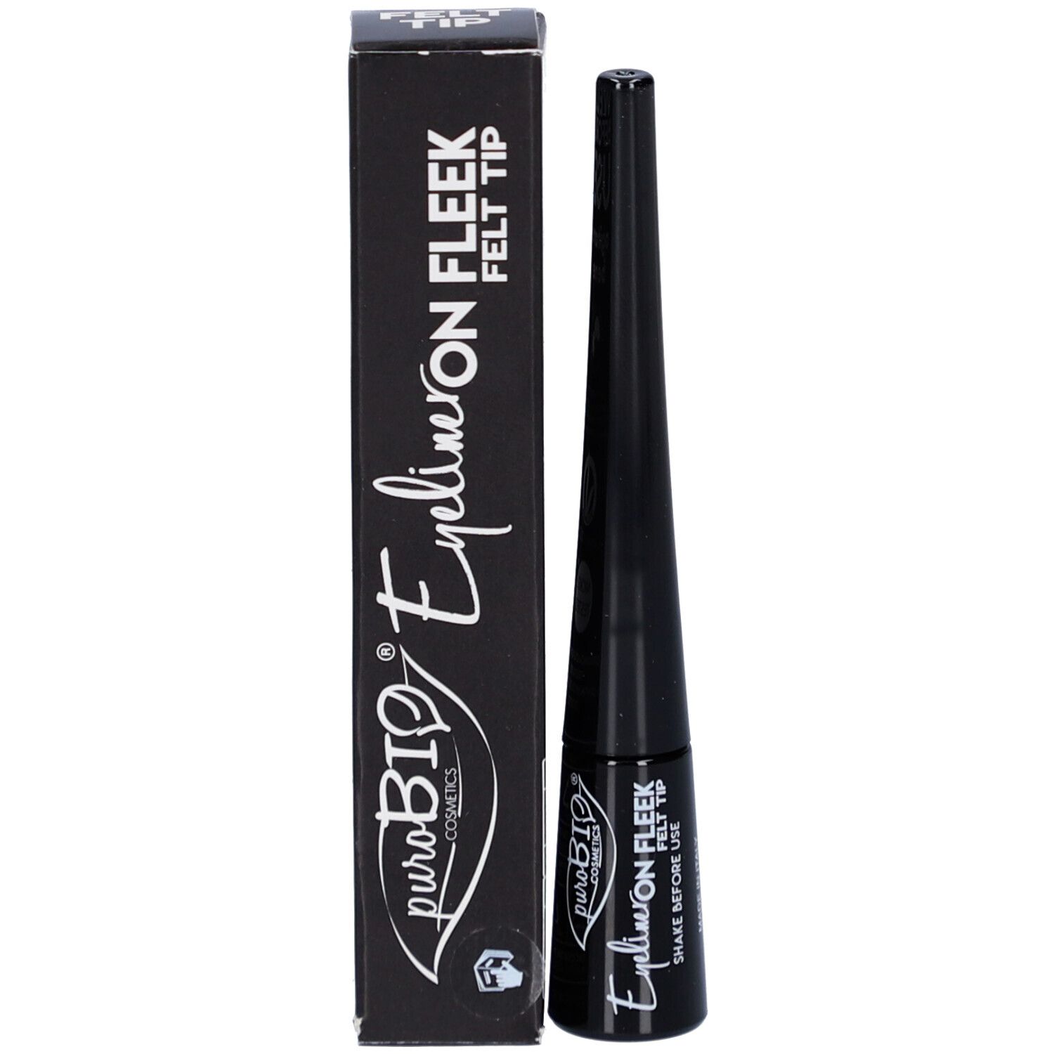 Eyeliner et emballage. Inscription : puroBIO Eyeliner on FLEEK FELT TIP.