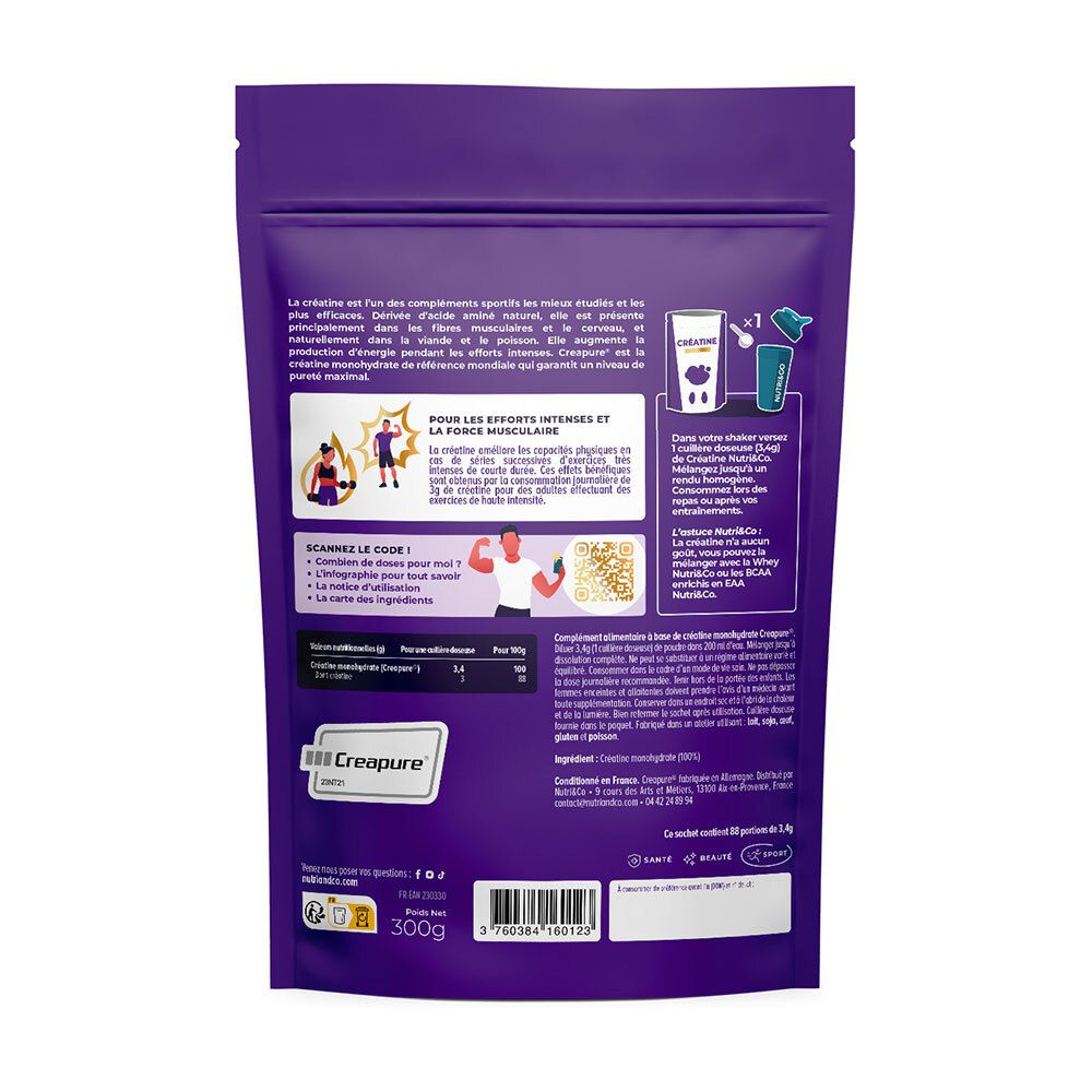 Dos du sachet NUTRI&CO Créatine. Texte, illustrations, informations nutritionnelles, logo Creapure, QR code, 300g, vegan.