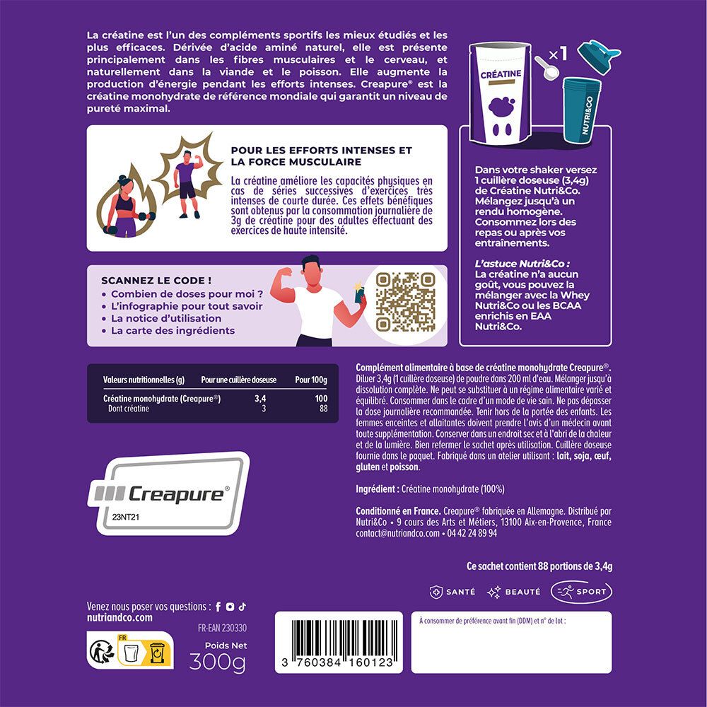 Dos du sachet NUTRI&CO Créatine. Texte, illustrations, informations nutritionnelles, logo Creapure, QR code, 300g, vegan.