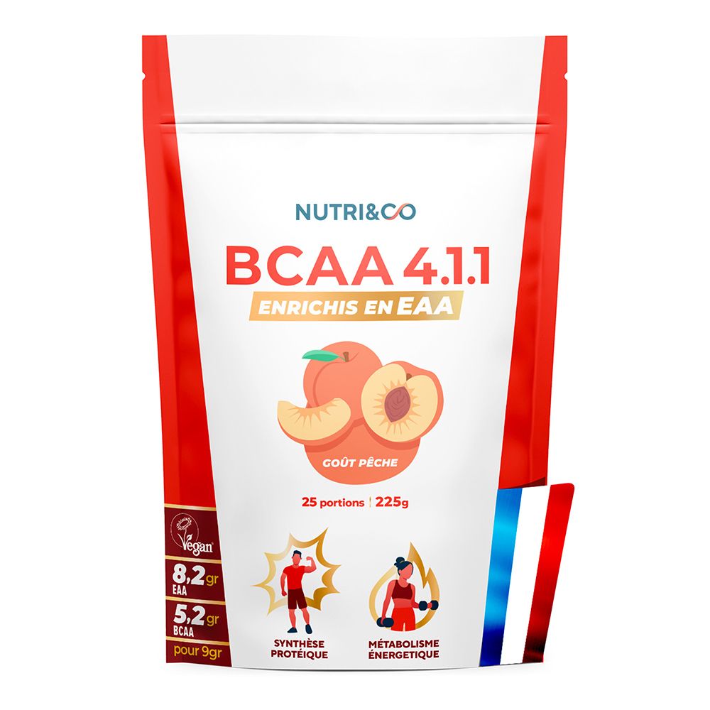 NUTRI&CO BCAA 4.1.1 sachet pêche 25 portions (225g). Contient 8,2g EAA et 5,2g BCAA pour 9g.