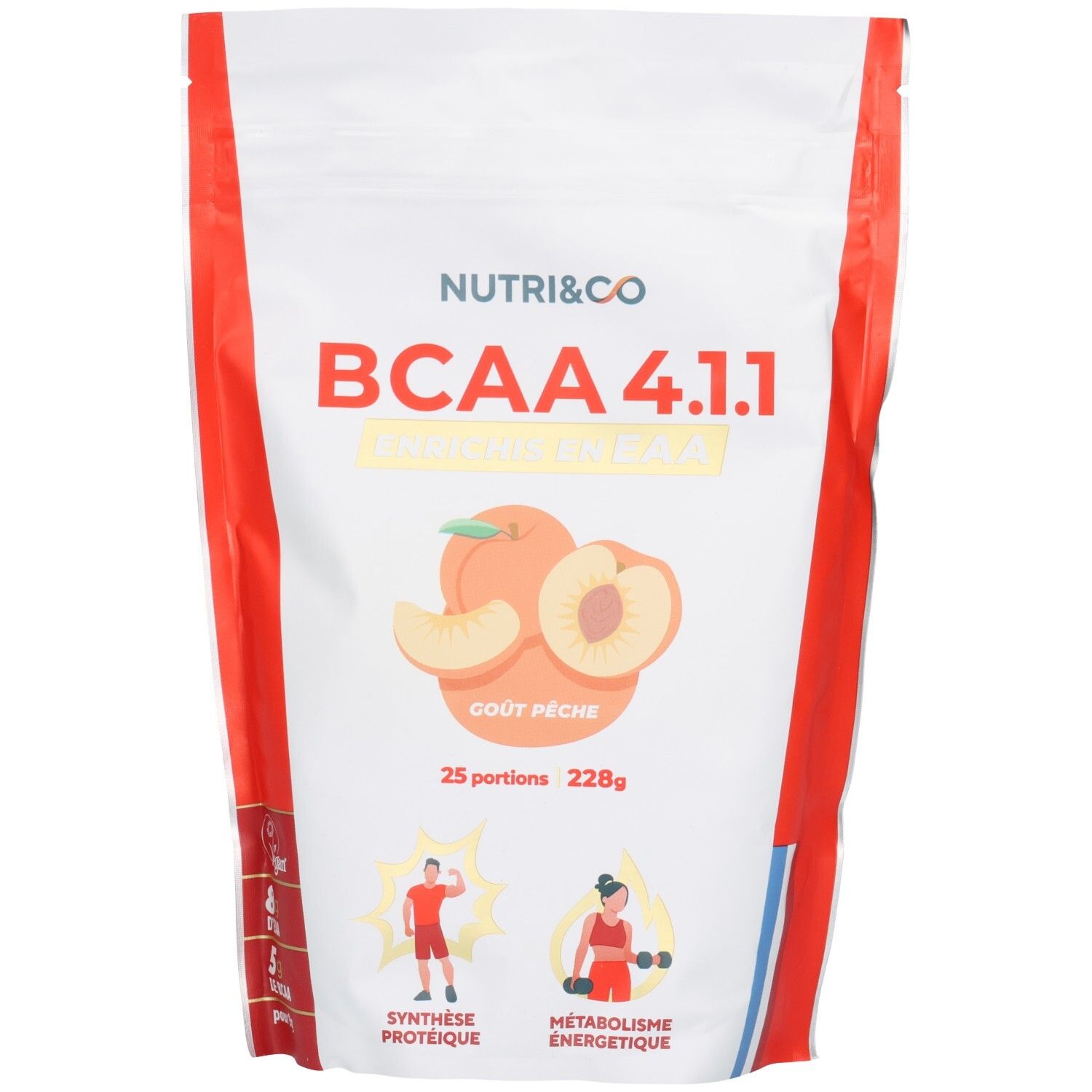 Sachet de BCAA 4.1.1, goût pêche. Marque NUTRI&CO. Illustration de pêches. 25 portions, 228g. Illustrations.