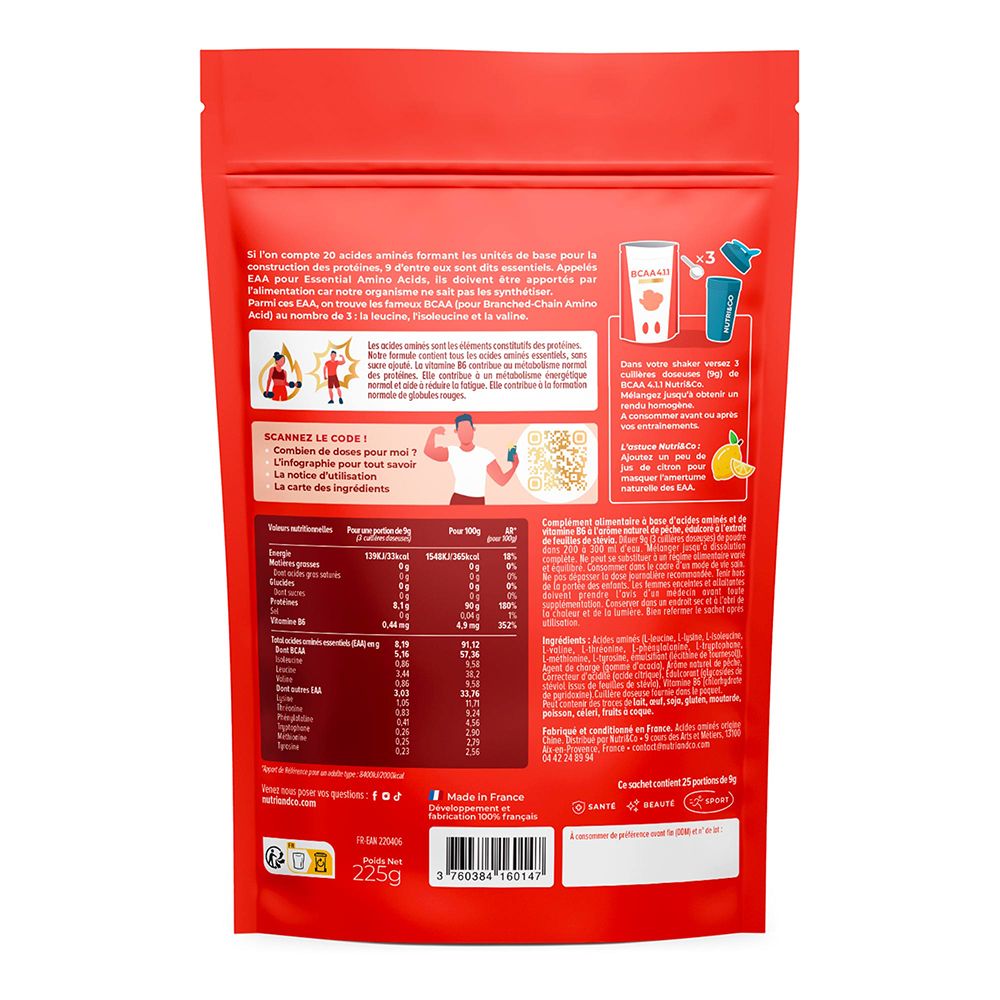 Arrière d'un sachet de poudre NUTRI&CO BCAA 4.1.1 avec informations nutritionnelles, liste d'ingrédients et détails de fabrication.