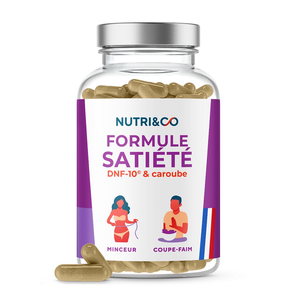 Gélules NUTRI&CO Formule Satiété dans un flacon en verre avec bouchon argenté. Contient 60 gélules.