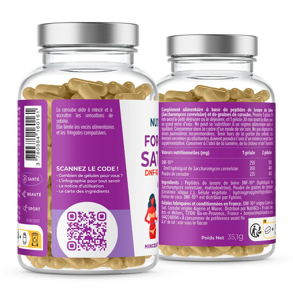 Arrière d'un flacon de gélules NUTRI&CO Formule Satiété avec code-barres et QR-code. Contient 60 gélules.