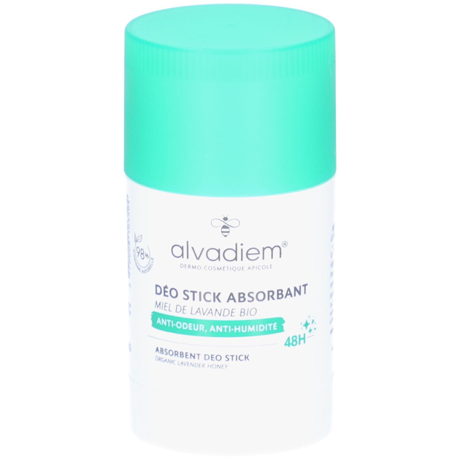 Stick déodorant blanc avec couvercle menthe. Inscriptions: ALVADIEM, Déo Stick Absorbant, miel de lavande, anti-odeur, anti-humidité.