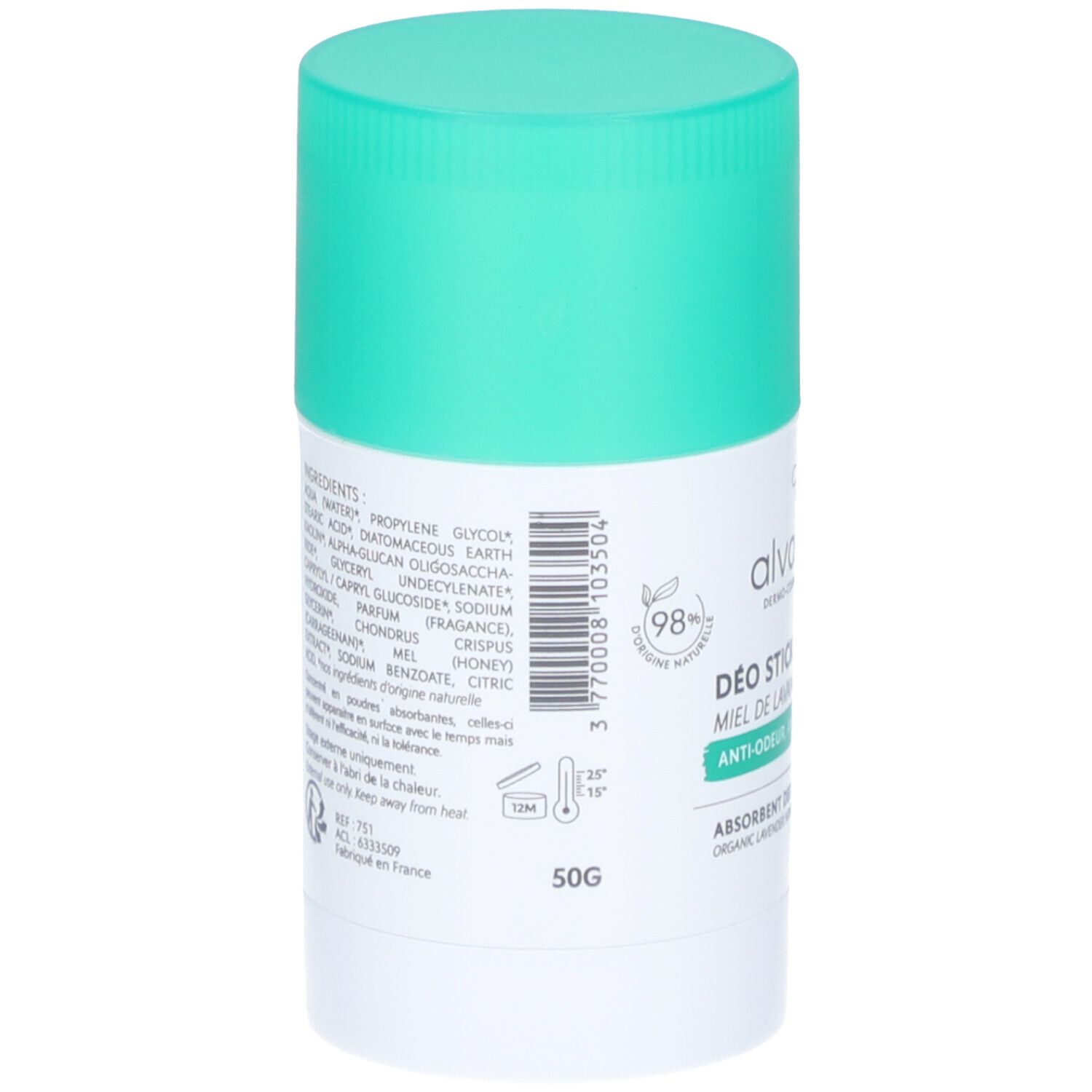 Stick déodorant blanc avec couvercle menthe. Dos avec ingrédients, 50g et autres informations.