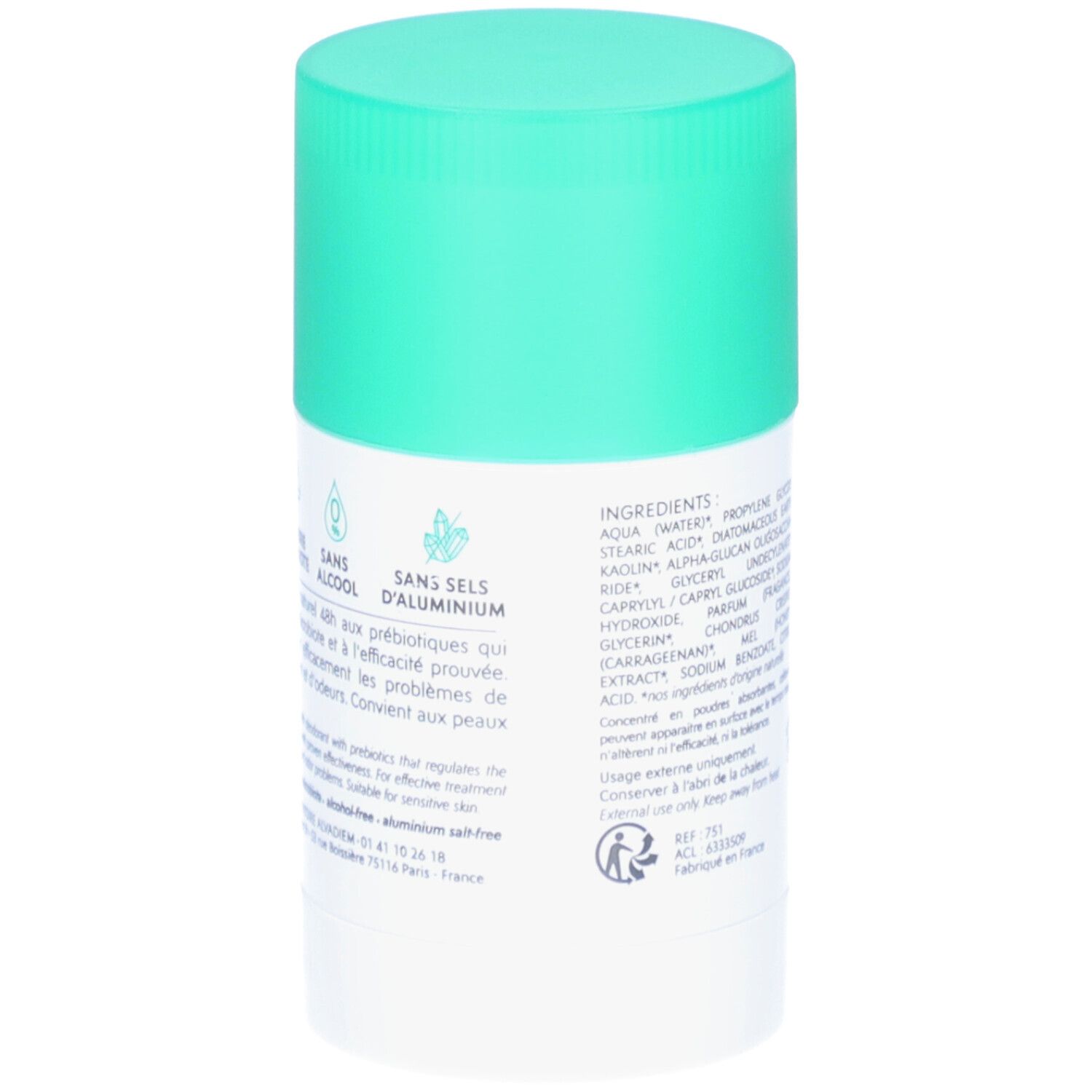 Stick déodorant blanc avec couvercle menthe. Dos avec texte et symboles: sans alcool, sans sels d'aluminium.