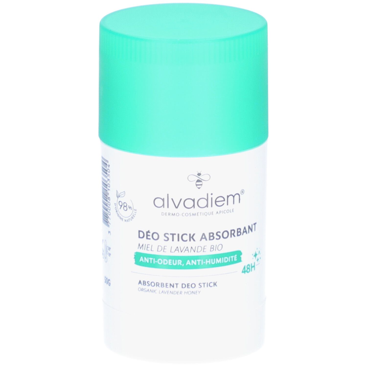 Stick déodorant blanc avec couvercle menthe. Inscriptions: ALVADIEM, Déo Stick Absorbant, miel de lavande, anti-odeur, anti-humidité.