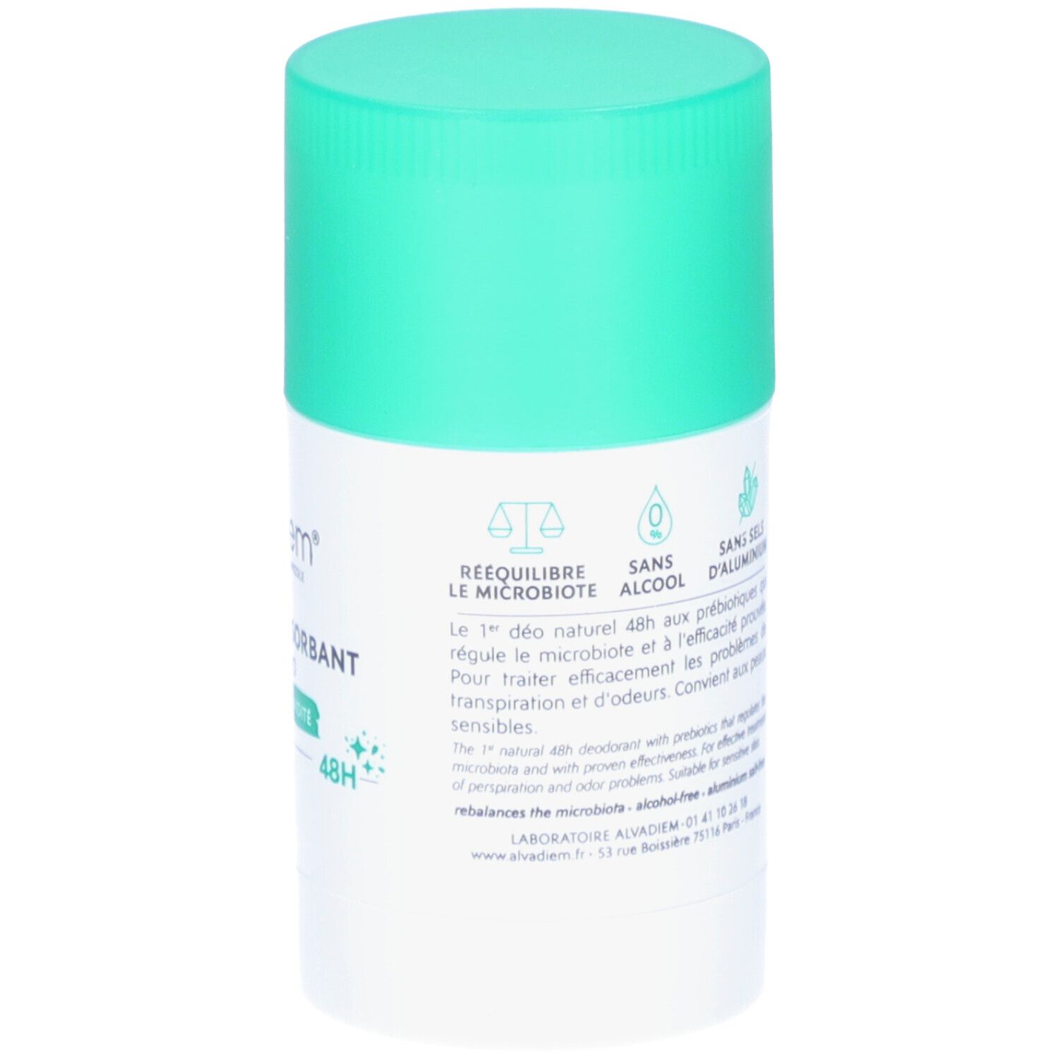 Stick déodorant blanc avec couvercle menthe. Dos avec texte et symboles: rééquilibre la microbiote, sans alcool, sans sels d'aluminium.