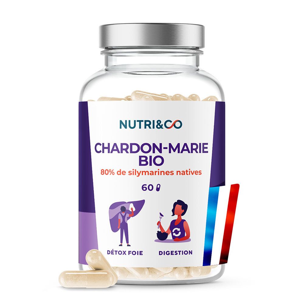 Flacon de gélules NUTRI&CO Chardon-Marie BIO. 60 gélules. Drapeau français. Inscription: 80% de silymarines natives.