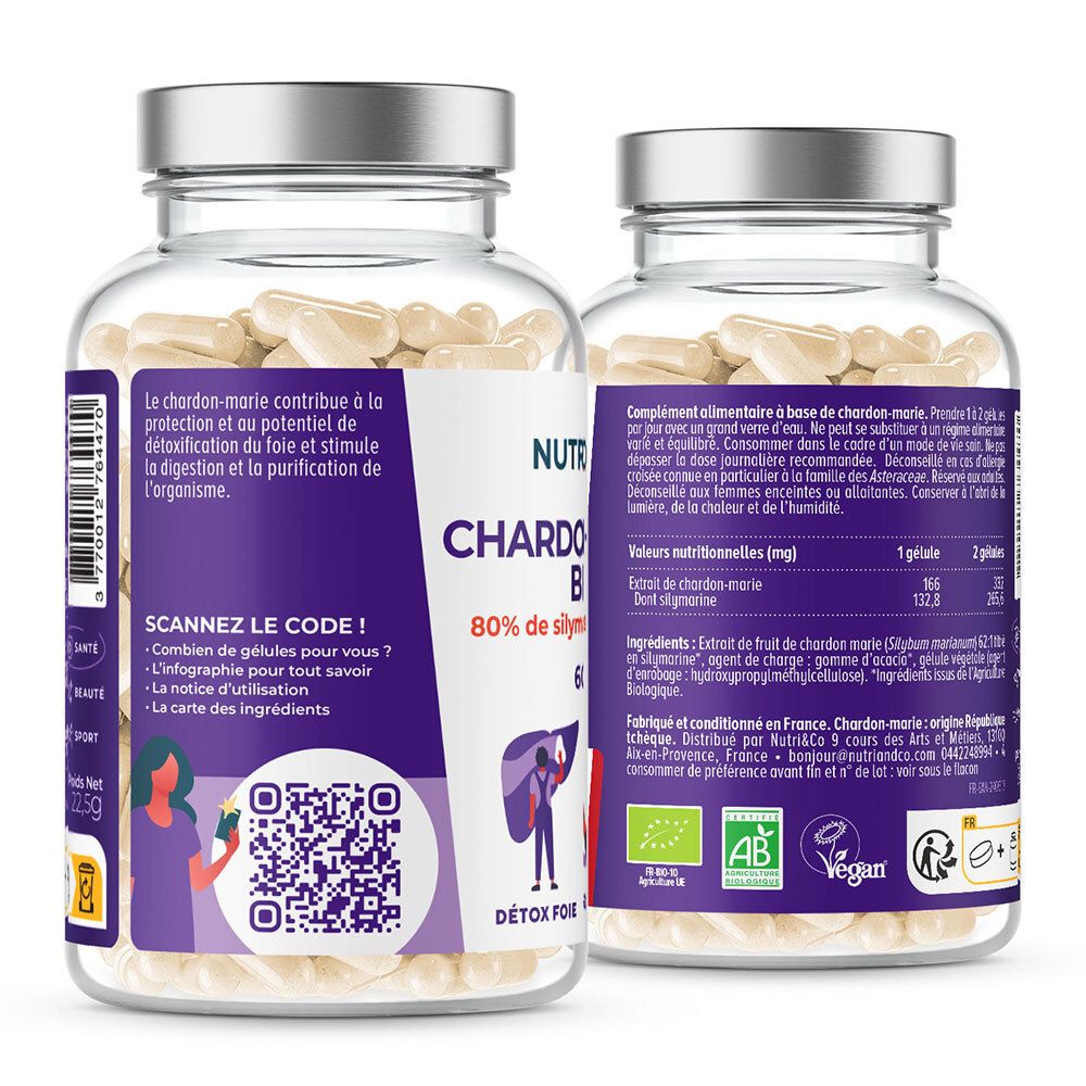 Dos du flacon de gélules. Texte et QR code. Certifications AB, Vegan. Drapeau français. Poids net 22,5g.