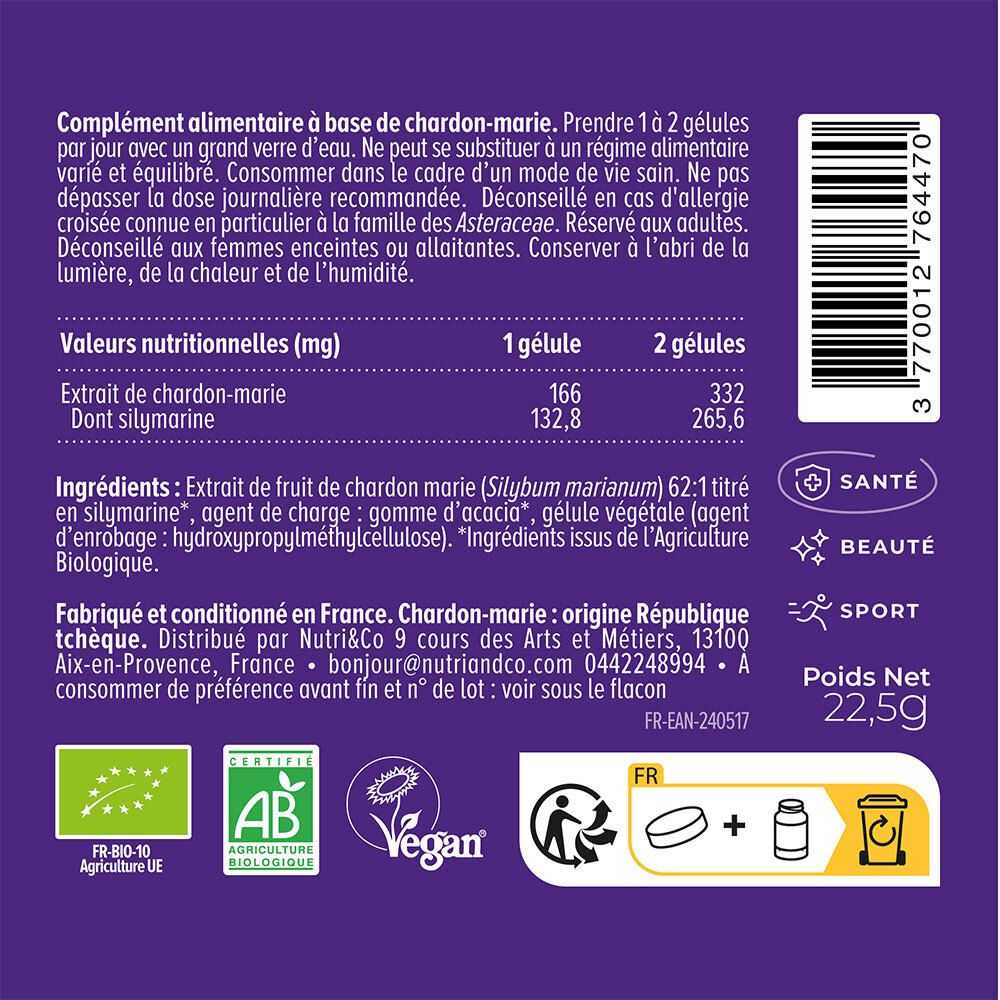 Gros plan du dos du flacon. Texte, QR code, informations nutritionnelles. Certifications AB, Vegan. Drapeau français.