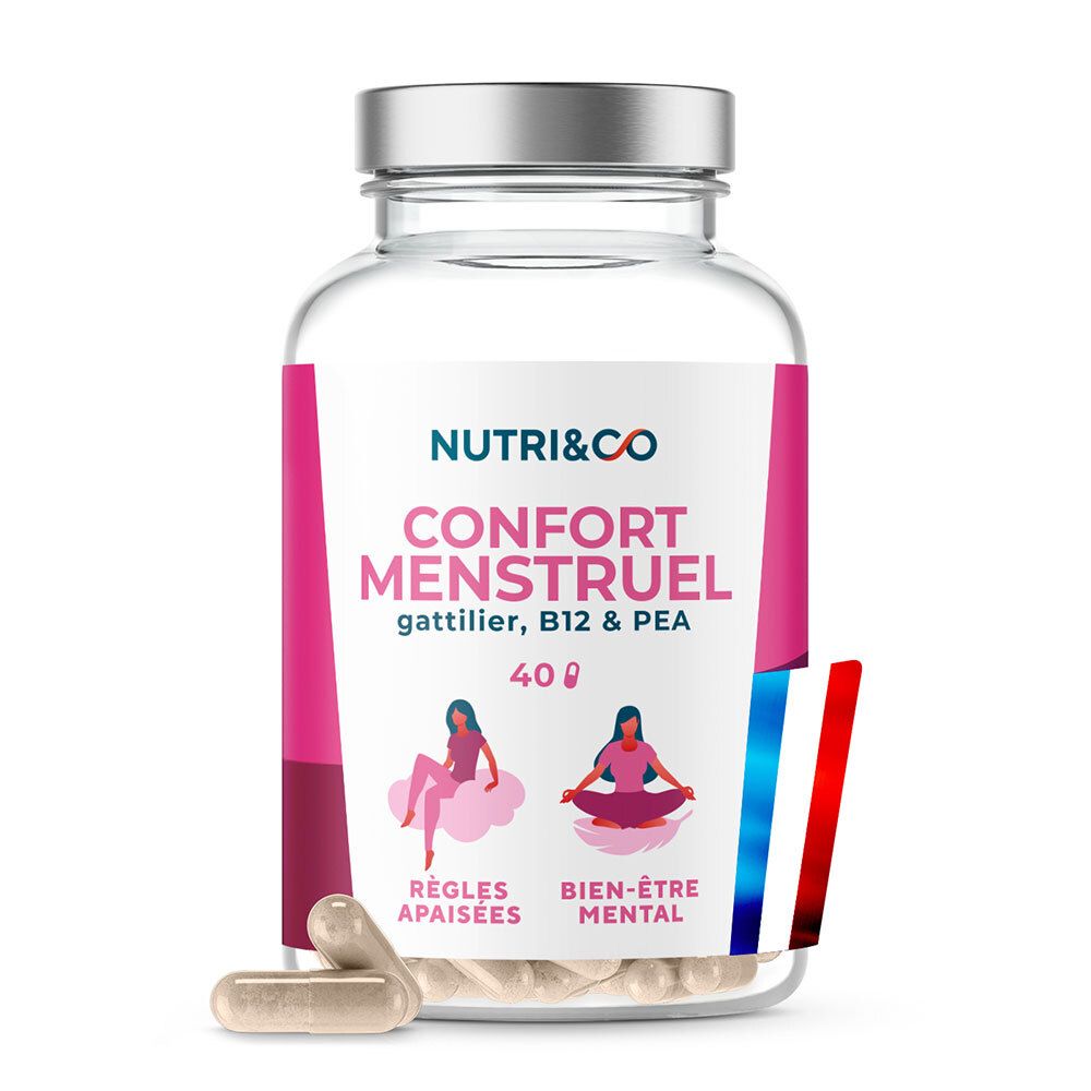 Flacon transparent avec bouchon argenté. Contient des gélules. Étiquette avec nom et logo du produit. Drapeau français.