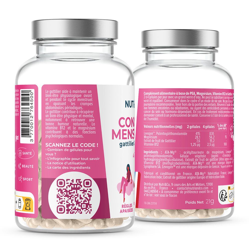 Dos du flacon. Étiquette avec ingrédients, informations nutritionnelles et code QR. Label vegan.