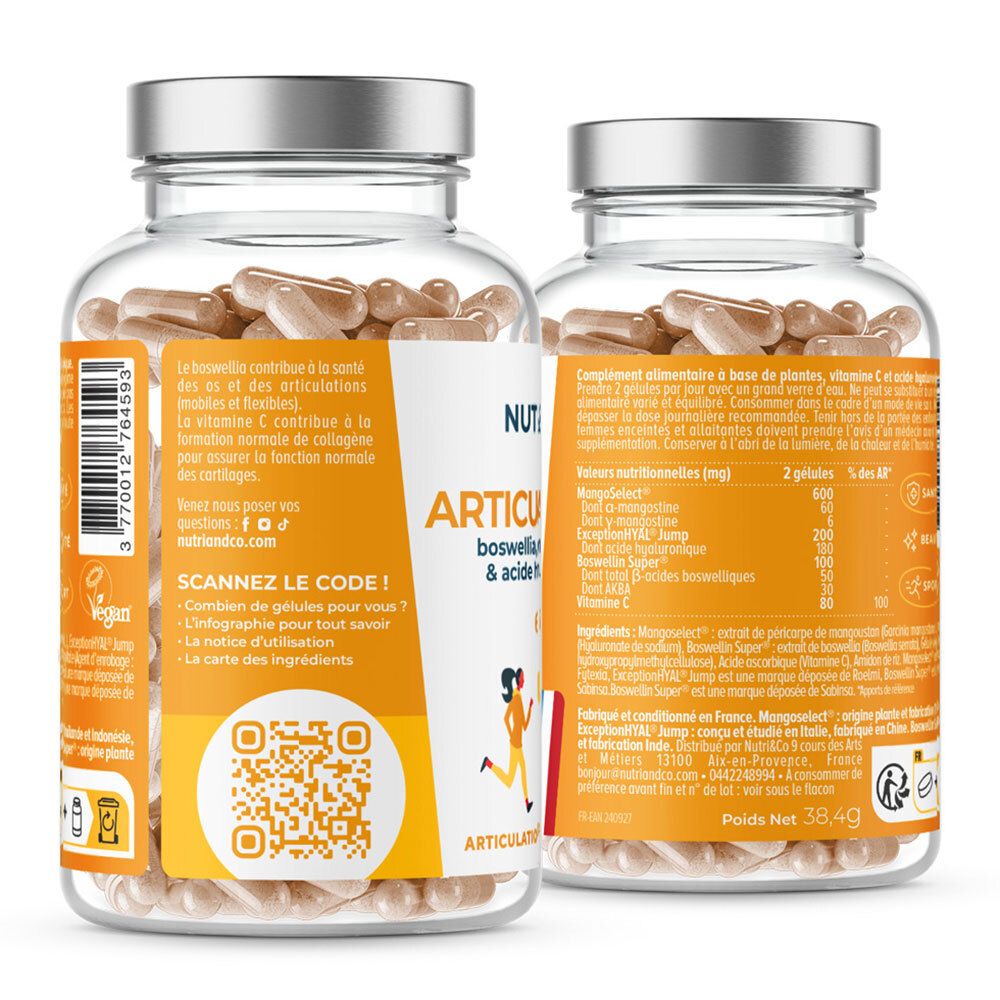 Dos du flacon de gélules. Étiquette avec texte, code QR et logo Vegan. Contient des informations sur les ingrédients et les valeurs nutritionnelles.