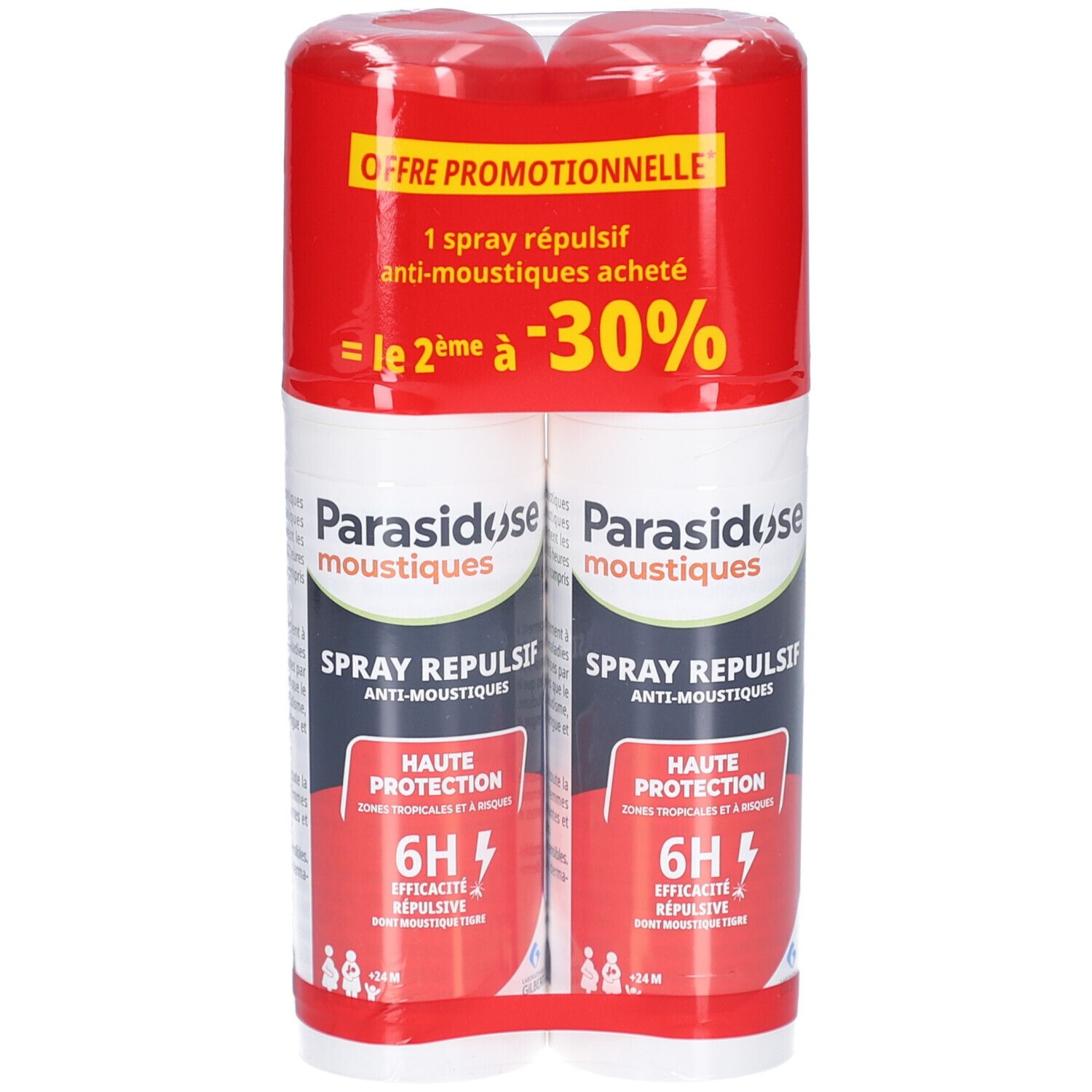 Deux sprays blancs dans un emballage rouge. Texte: Parasidose moustiques, Spray répulsif anti-moustiques, 6H, Haute protection. Offre.
