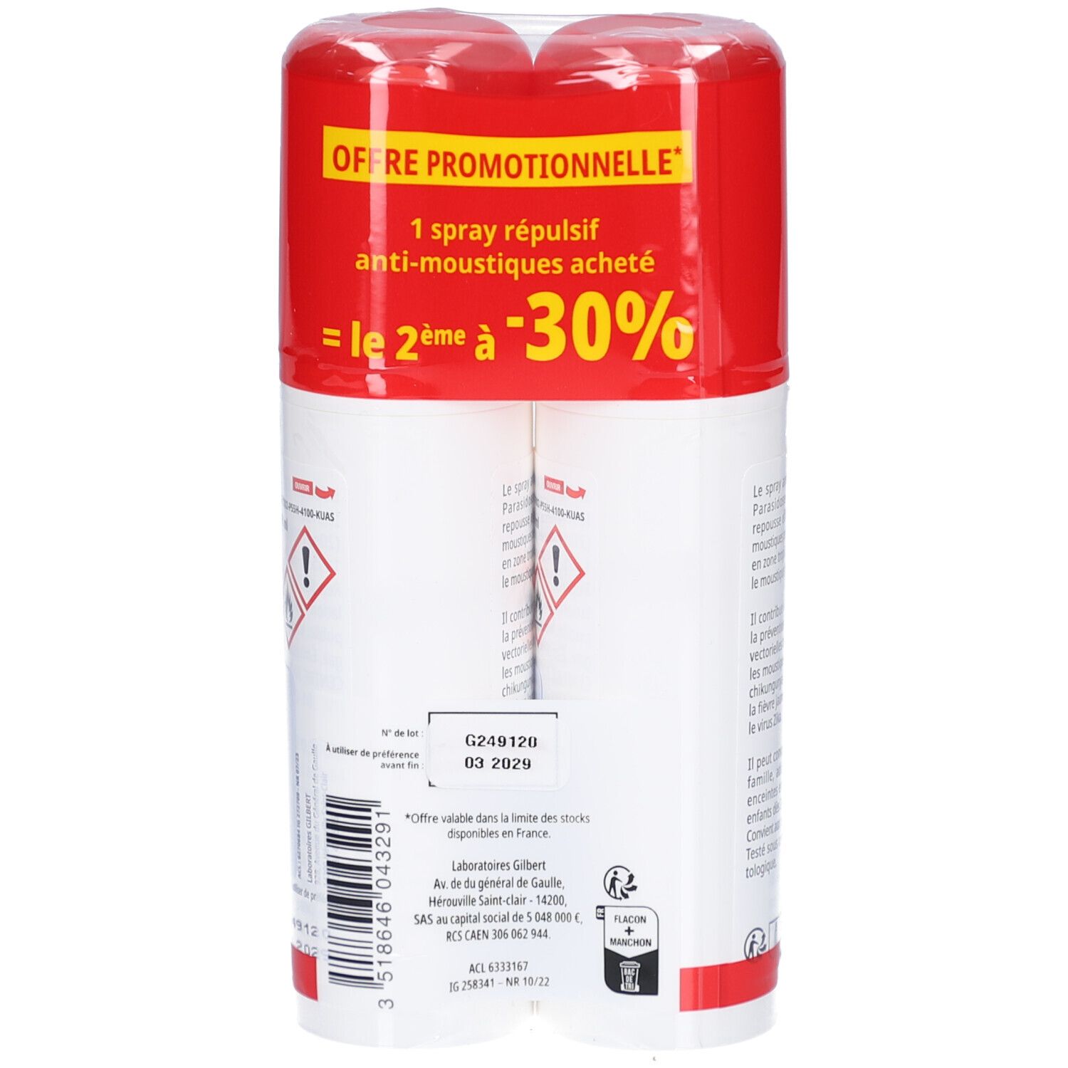 Dos de l'emballage avec deux sprays blancs. Texte: Parasidose moustiques. Mentions d'avertissement, numéro de lot, informations fabricant.