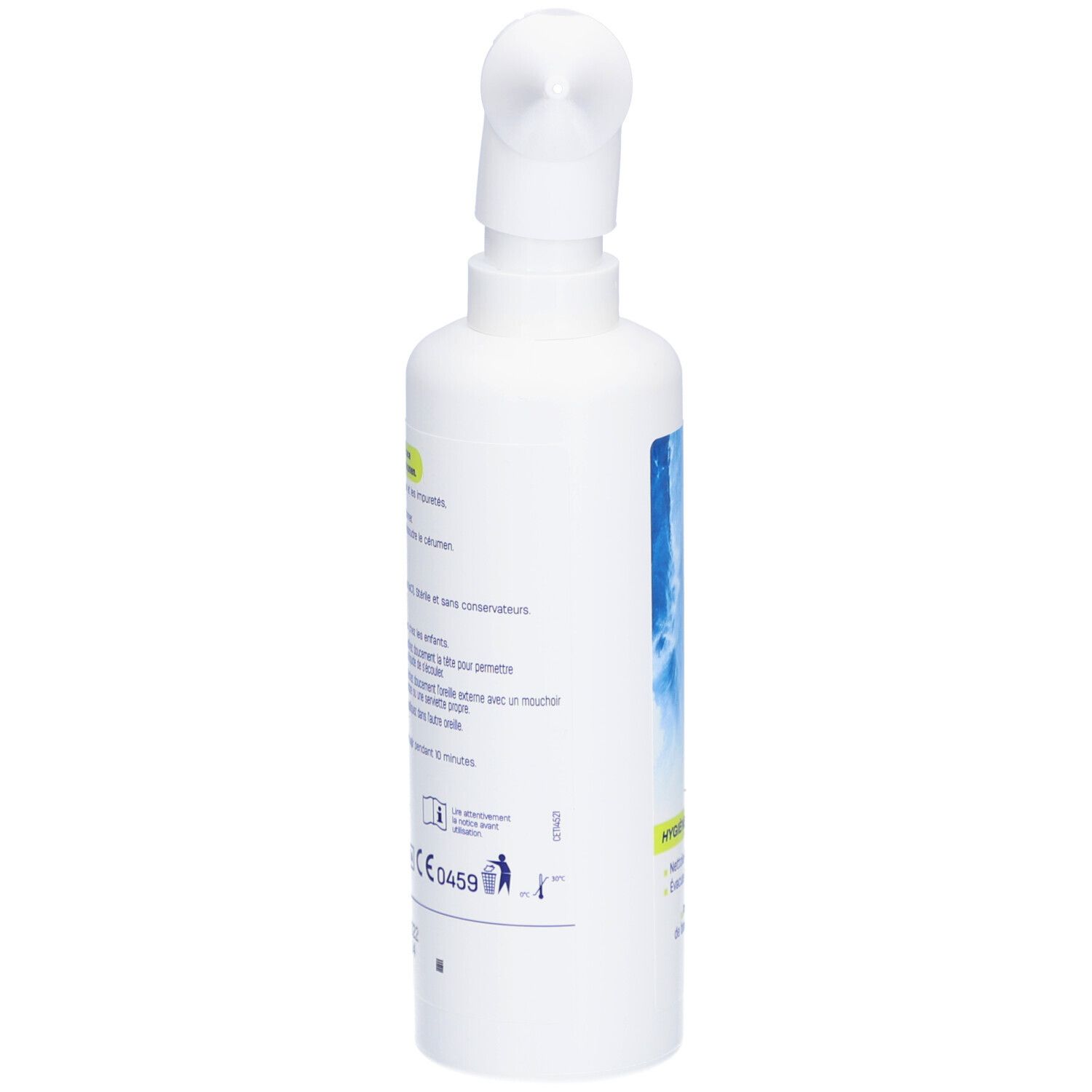 Spray RESPIMER blanc pour l'hygiène des oreilles. Vue latérale. Étiquettes bleues et blanches avec texte. Marquage CE.