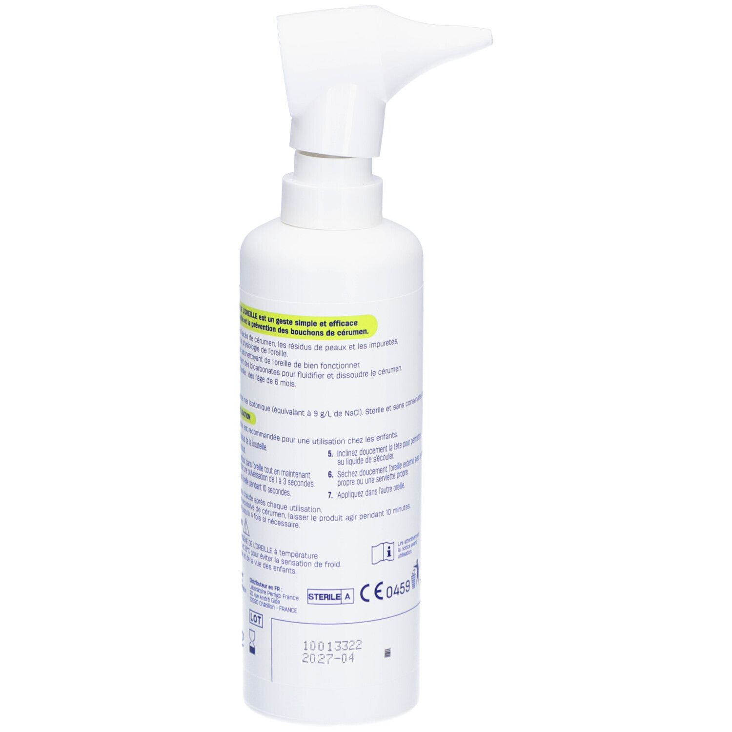 Spray RESPIMER blanc pour l'hygiène des oreilles avec embout. Vue arrière. Texte sur les étiquettes. Marquage CE.