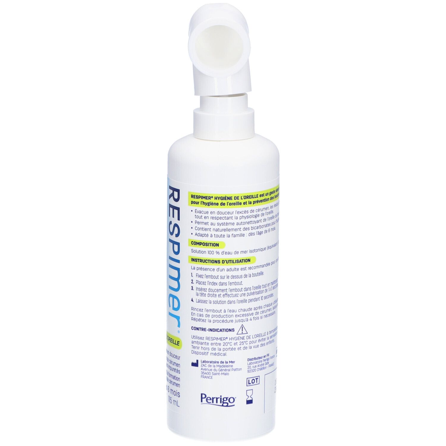 Spray RESPIMER blanc pour l'hygiène des oreilles avec embout. Vue arrière. Texte sur les étiquettes. Logo Perrigo.