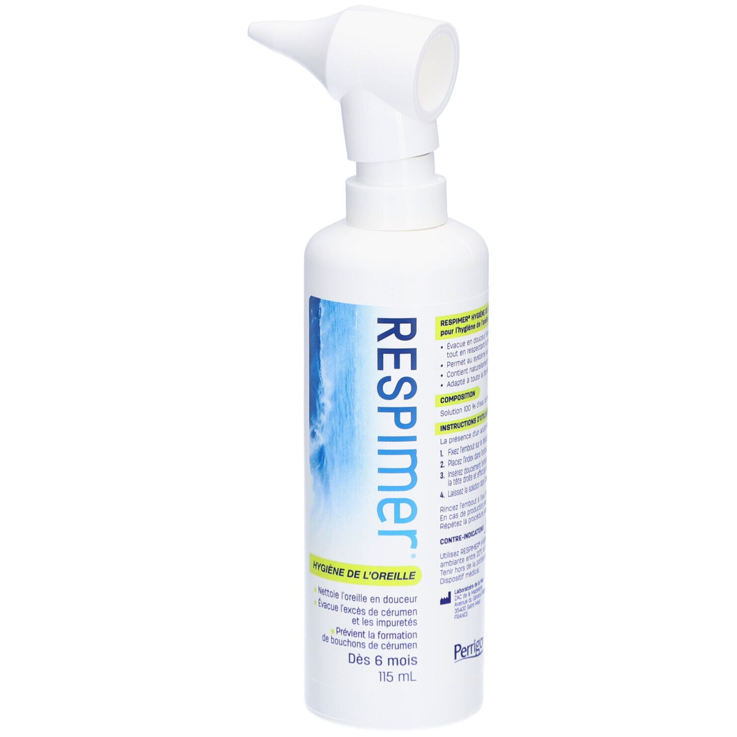 Spray RESPIMER blanc pour l'hygiène des oreilles avec embout. Étiquettes bleues et blanches avec texte. Bouteille debout.