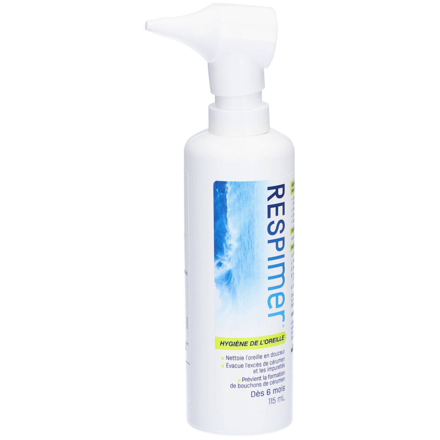 Spray RESPIMER blanc pour l'hygiène des oreilles avec embout. Étiquettes bleues et blanches avec texte. Bouteille debout.
