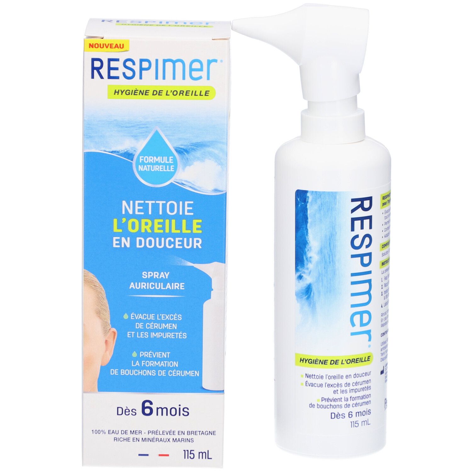 Spray RESPIMER et boîte. Spray blanc avec embout. Boîte avec image du produit et texte. Logo Nouveau.
