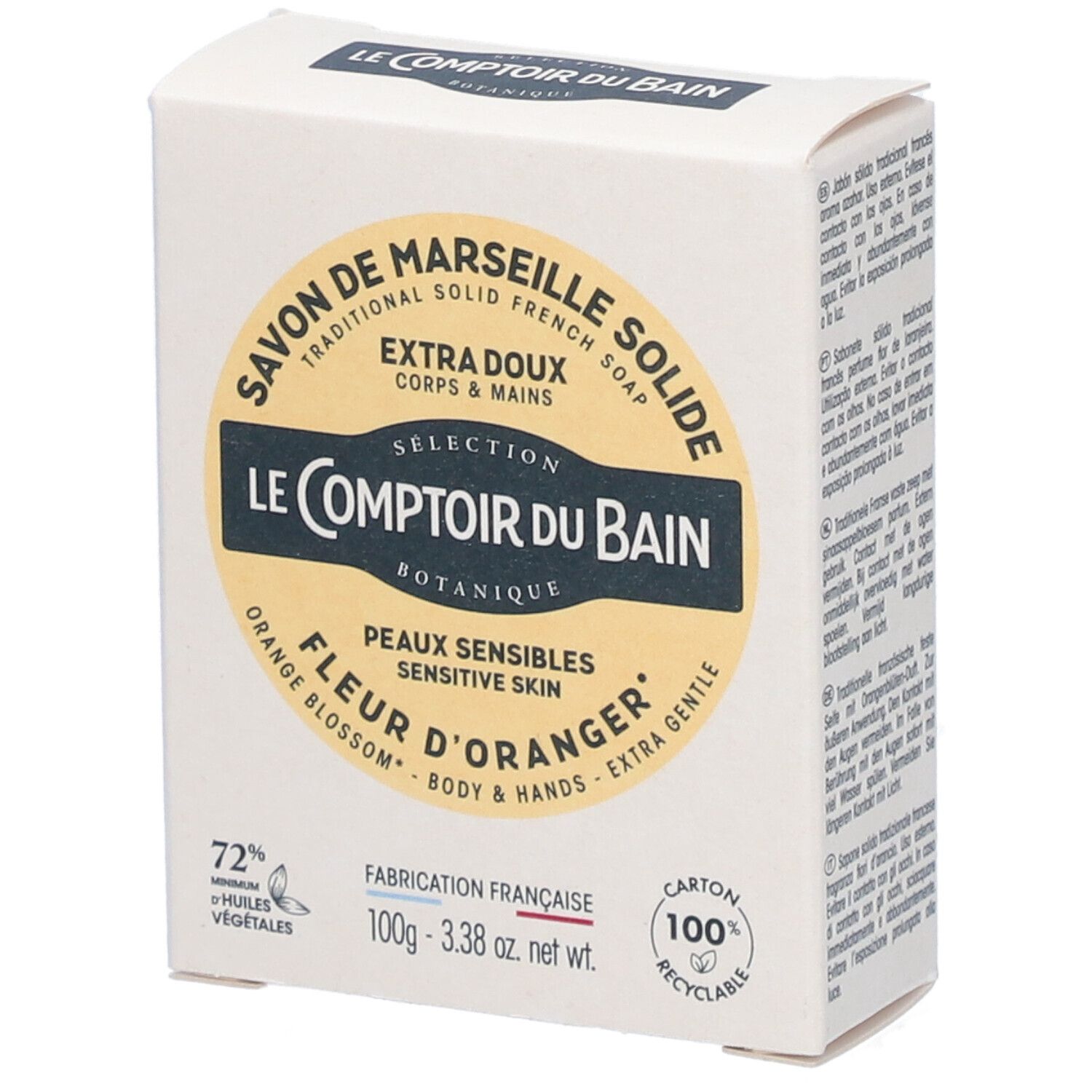 Boîte de savon solide. Inscription: Savon de Marseille, Fleur d'Oranger, peaux sensibles. 100% recyclable.