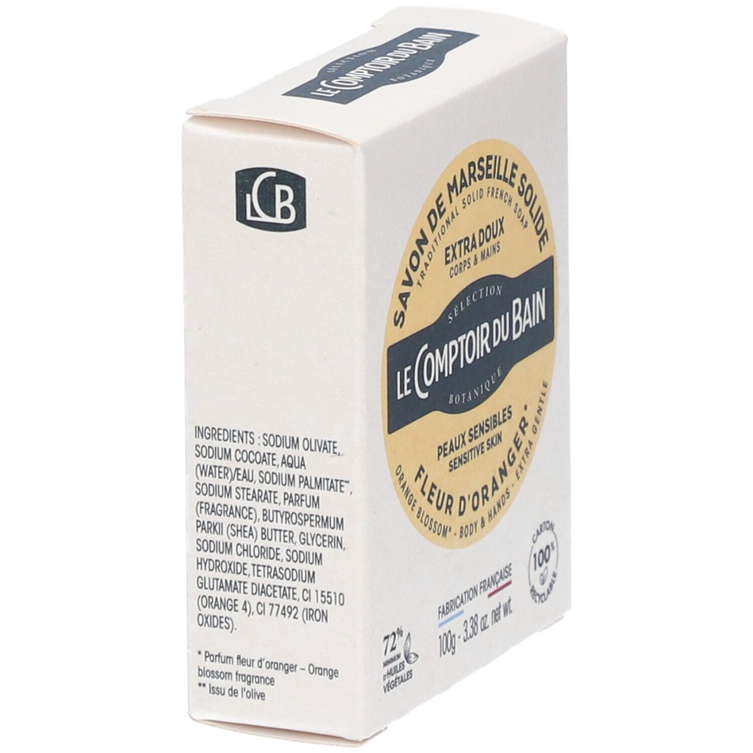 Boîte de savon. Inscription: Savon de Marseille, Fleur d'Oranger. Liste des ingrédients et logo LCB. 100% recyclable.