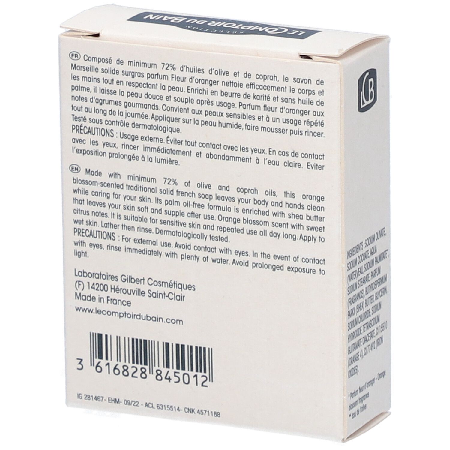Dos de l'emballage du savon. Texte: 72% huiles, ingrédients, précautions, adresse fabricant et code-barres.