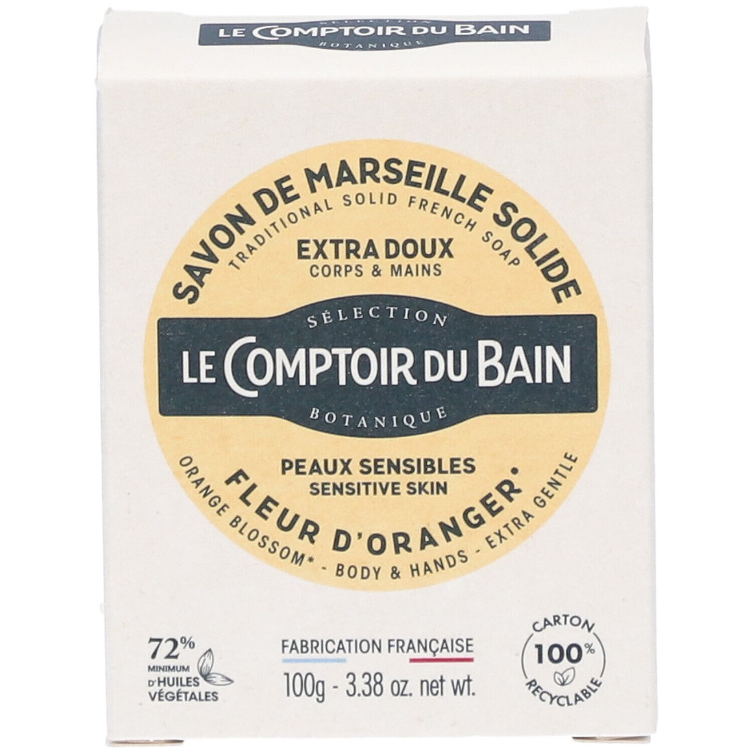 Boîte de savon solide. Inscription: Savon de Marseille, Fleur d'Oranger, peaux sensibles. 100% recyclable.