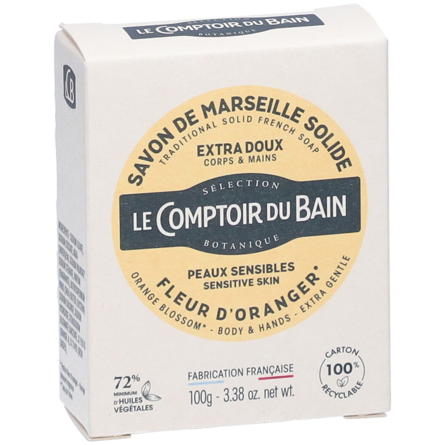 Boîte de savon solide. Inscription: Savon de Marseille, Fleur d'Oranger, peaux sensibles. 100% recyclable.