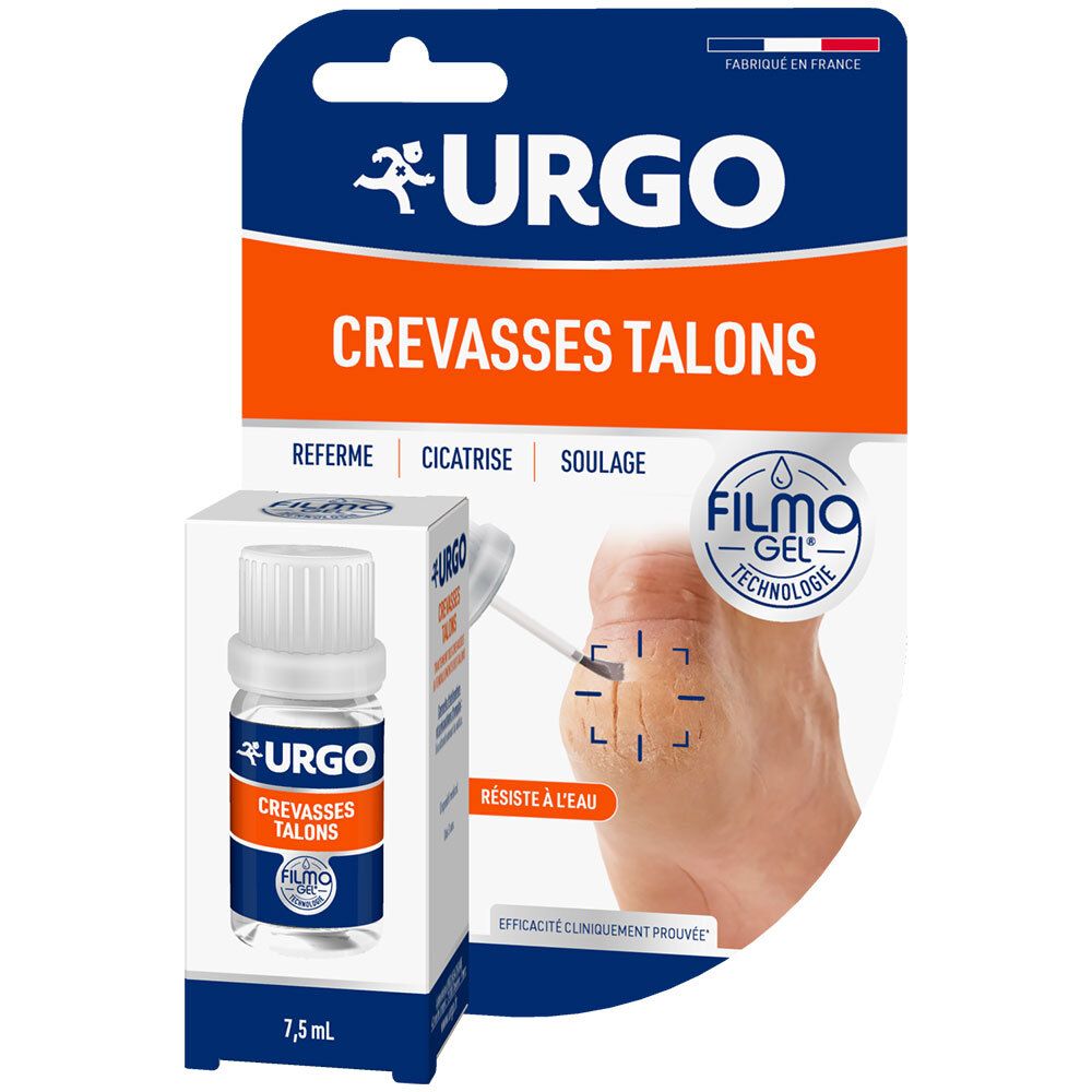 Emballage URGO Filmogel Crevasses Talons. Flacon et emballage avec nom et logo du produit. Illustration d'un pied avec fissures.