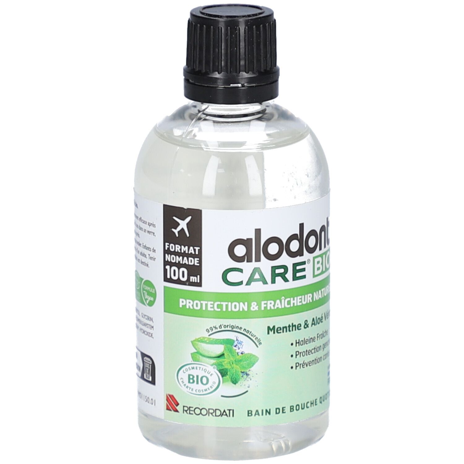 Flacon transparent avec bouchon noir. Inscription: alodont CARE BIO, Protection & fraîcheur naturelle. Contient de la menthe et de l'aloe vera. 100 ml.
